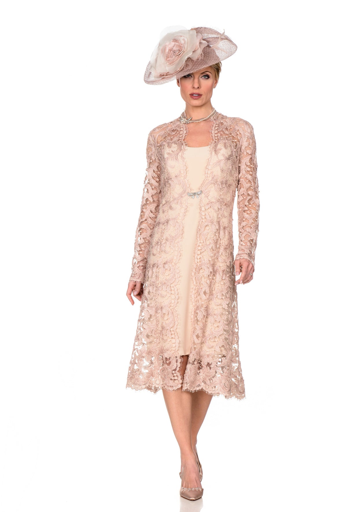 Blush Embroidered Lace Coat and Spaghetti Strap Knee Length Dress