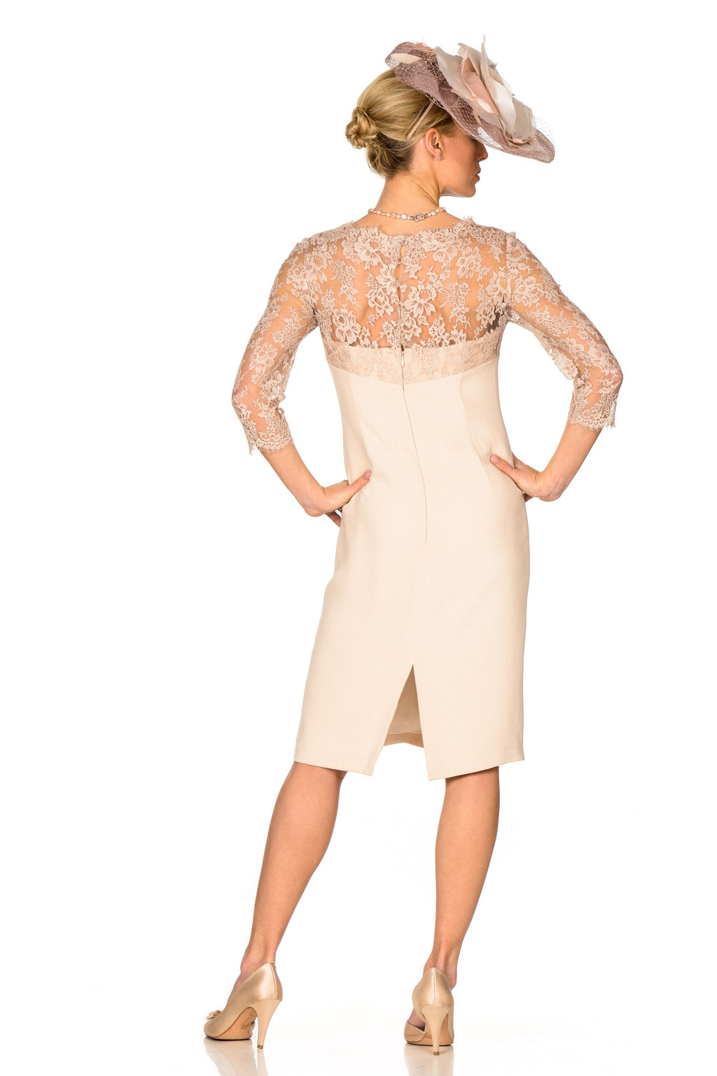 Occasion Wear - Knee Length Dress with Lace Bodice and Sleeves