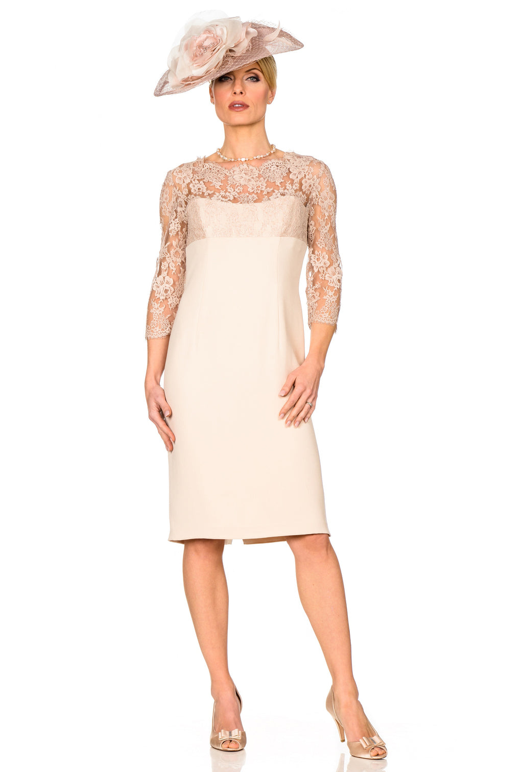 Occasion Wear - Knee Length Dress with Lace Bodice and Sleeves