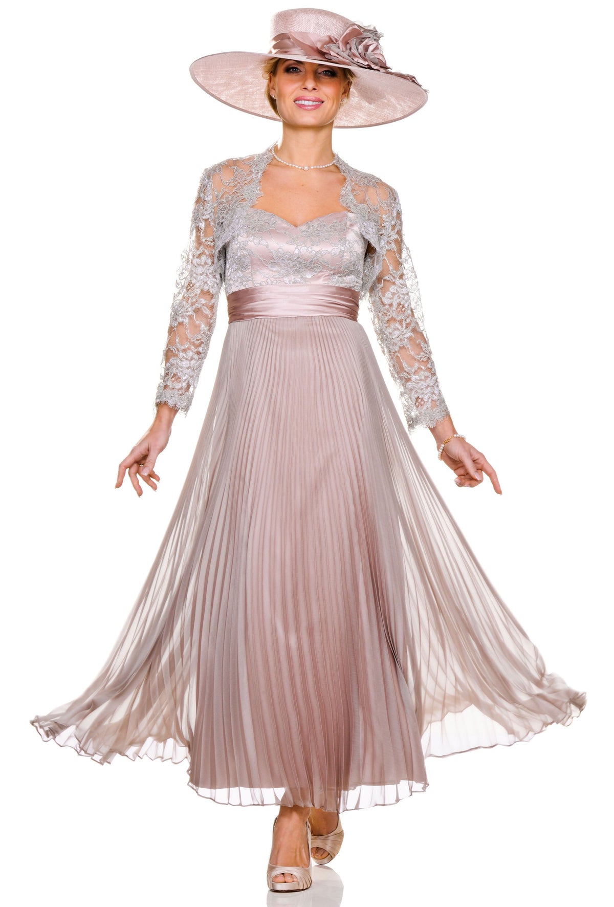 Occasion Wear - Sunray Pleated Dress with Lace Bodice and Matching Lace Sleeve Jacket