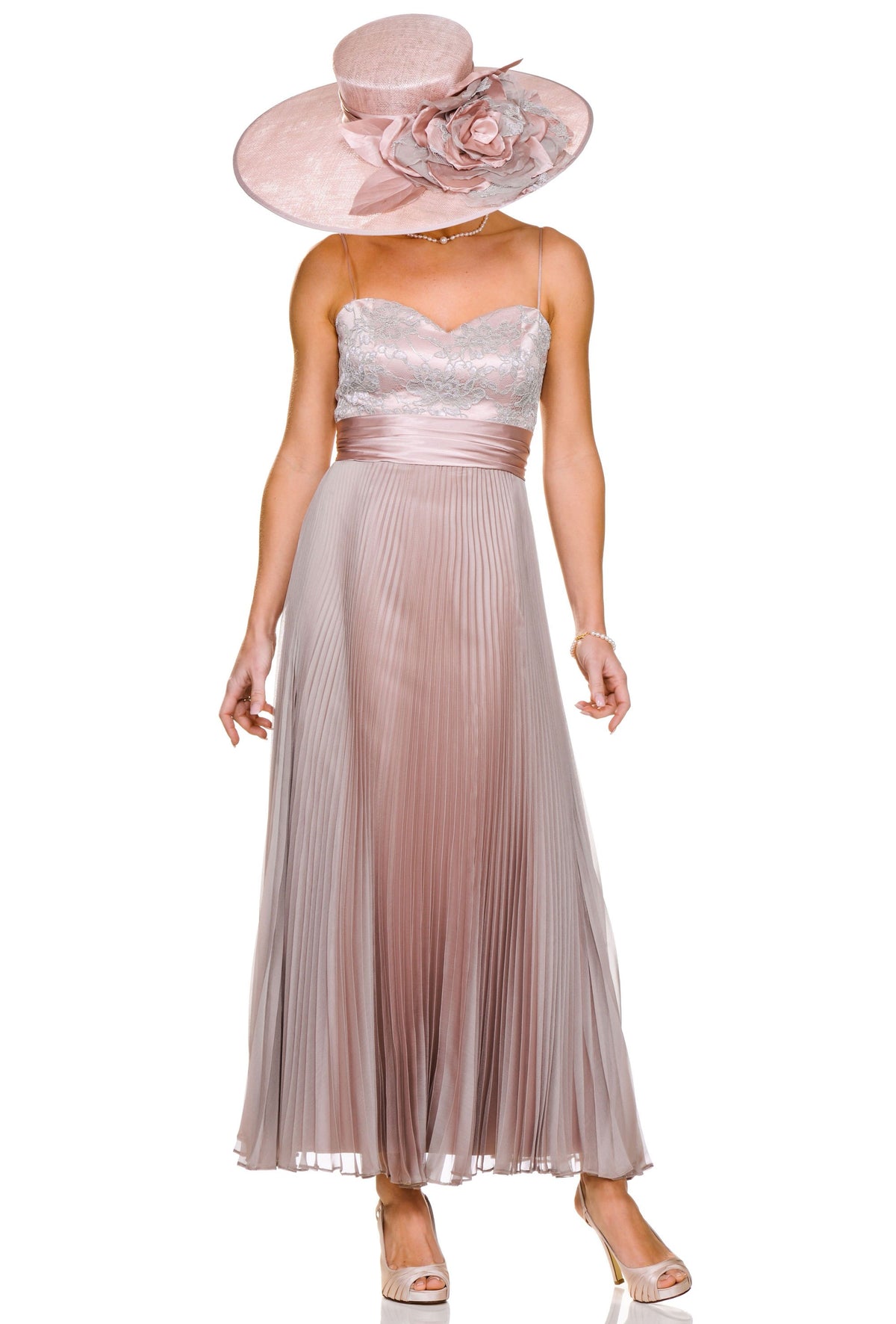 Occasion Wear - Sunray Pleated Dress with Lace Bodice and Matching Lace Sleeve Jacket