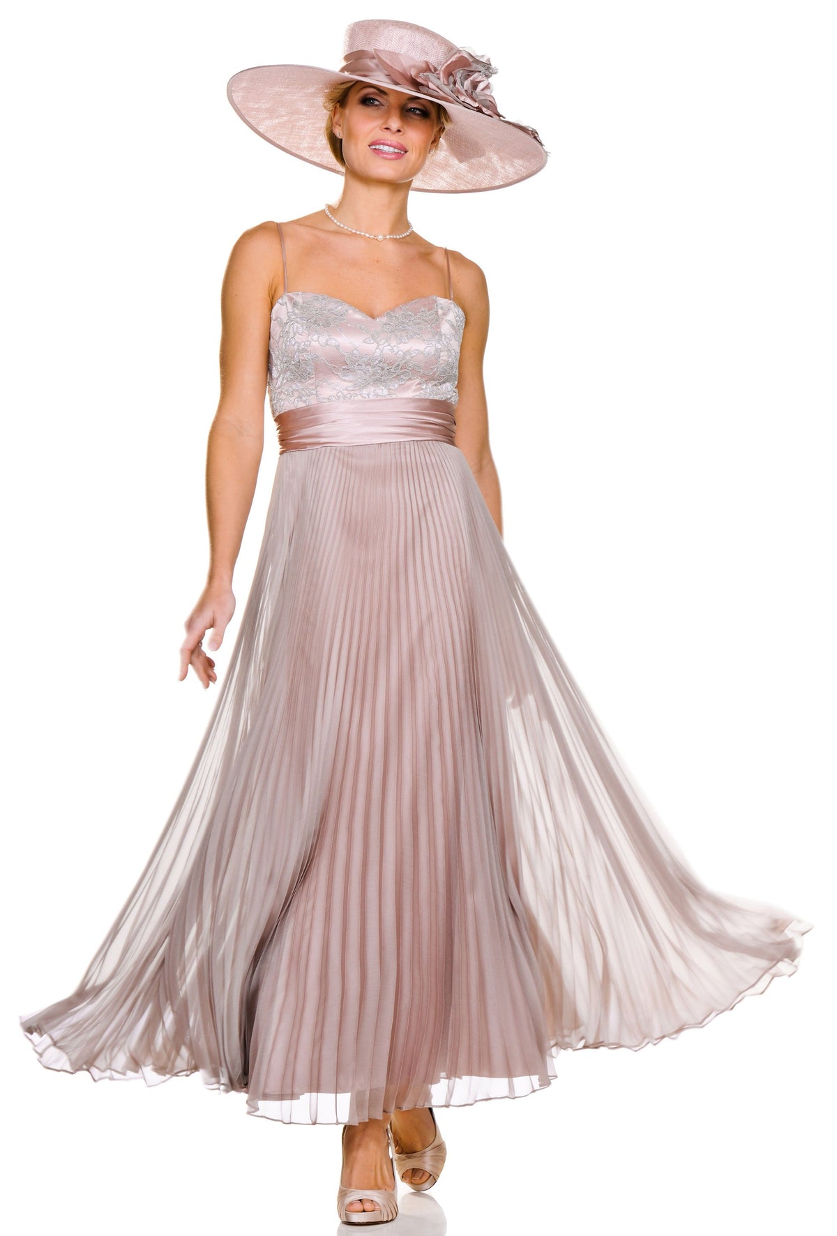 Occasion Wear - Sunray Pleated Dress with Lace Bodice and Matching Lace Sleeve Jacket