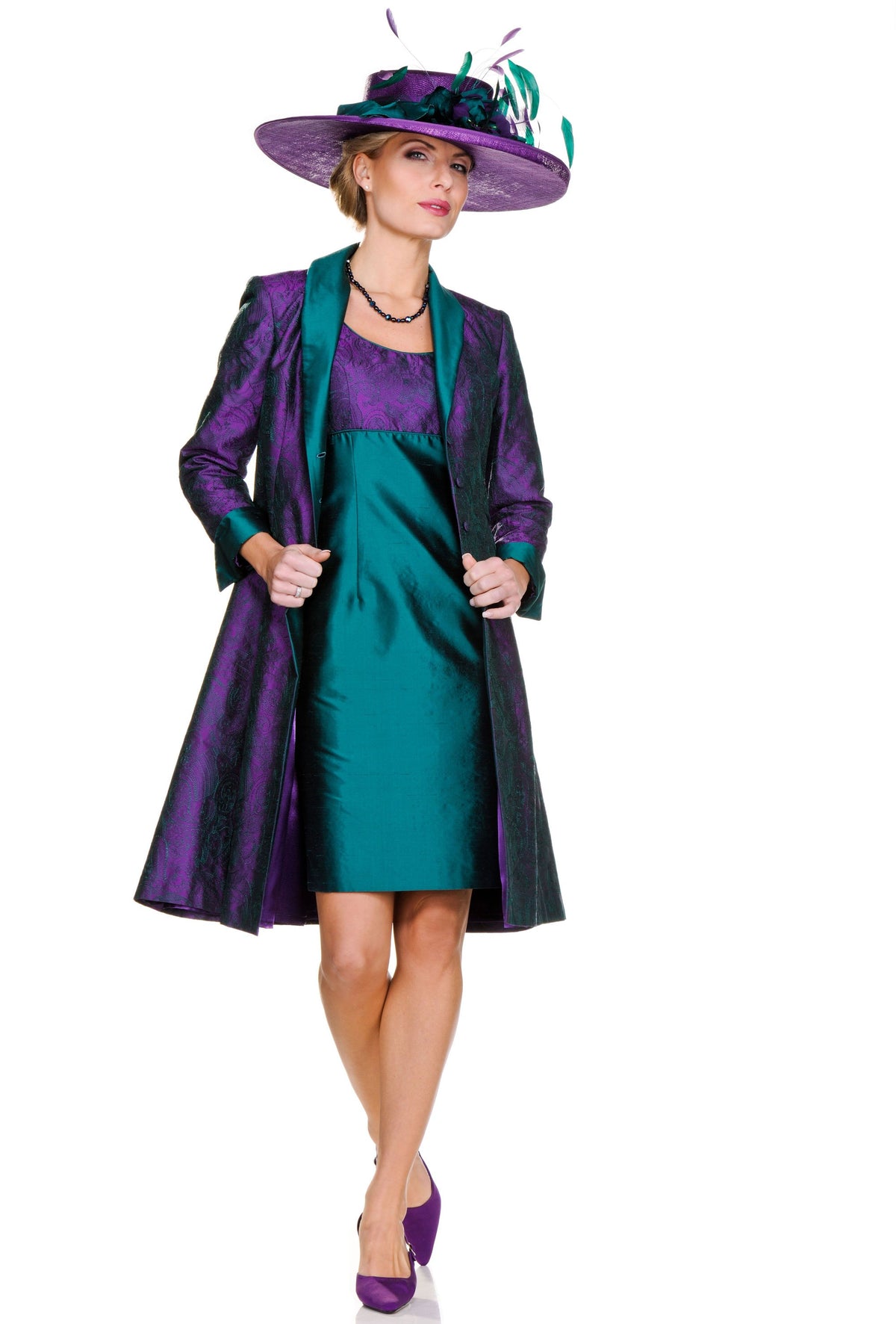 Occasion Wear - Edgy Purple and Green Contrast Dress with Matching Tailored Coat