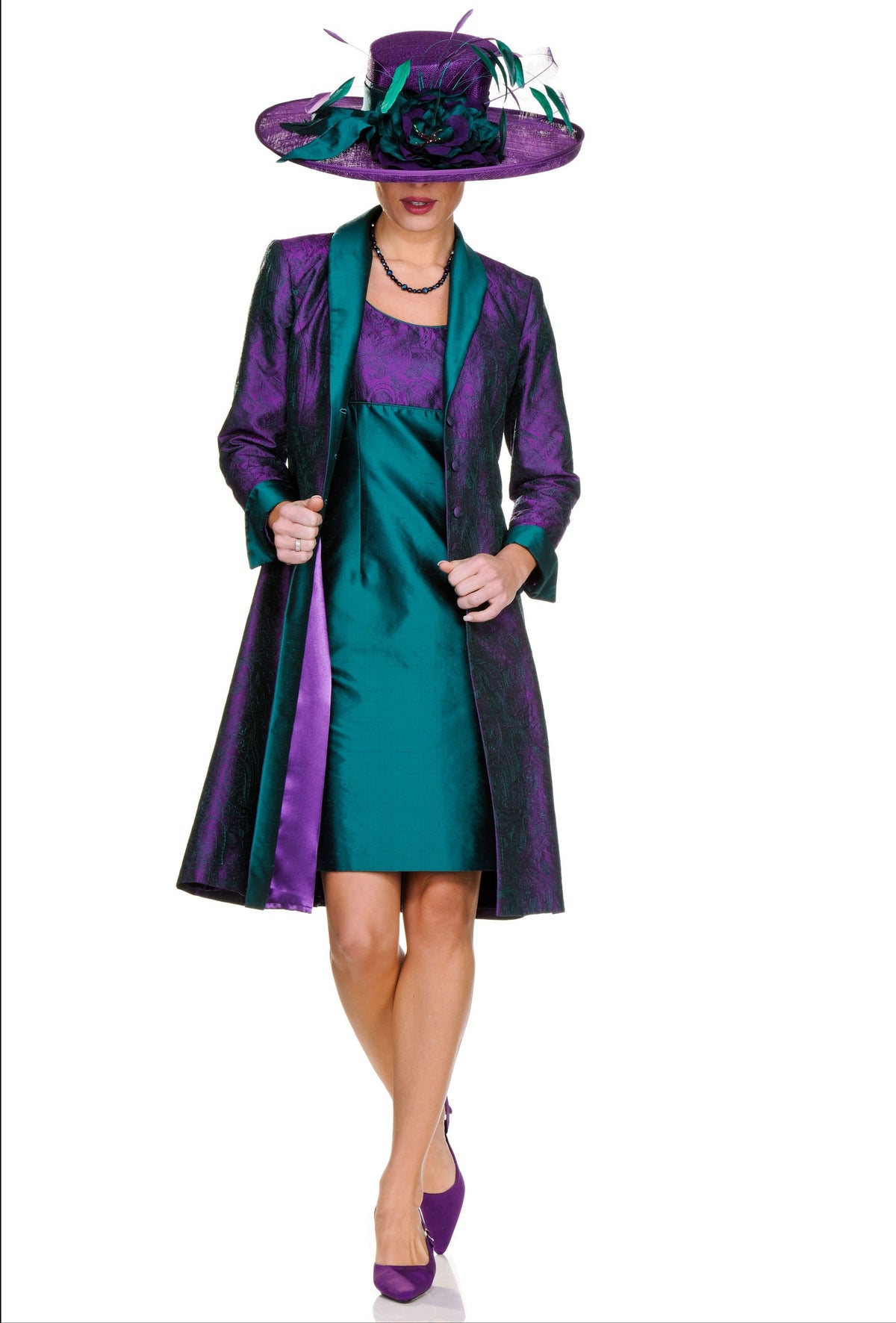 Occasion Wear - Edgy Purple and Green Contrast Dress with Matching Tailored Coat