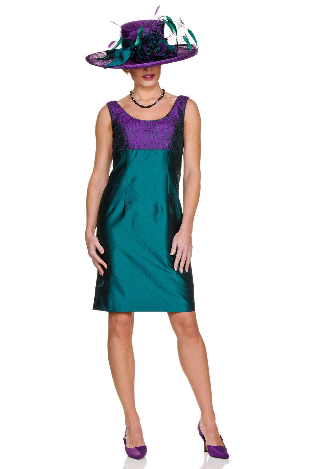 Occasion Wear - Edgy Purple and Green Contrast Dress with Matching Tailored Coat