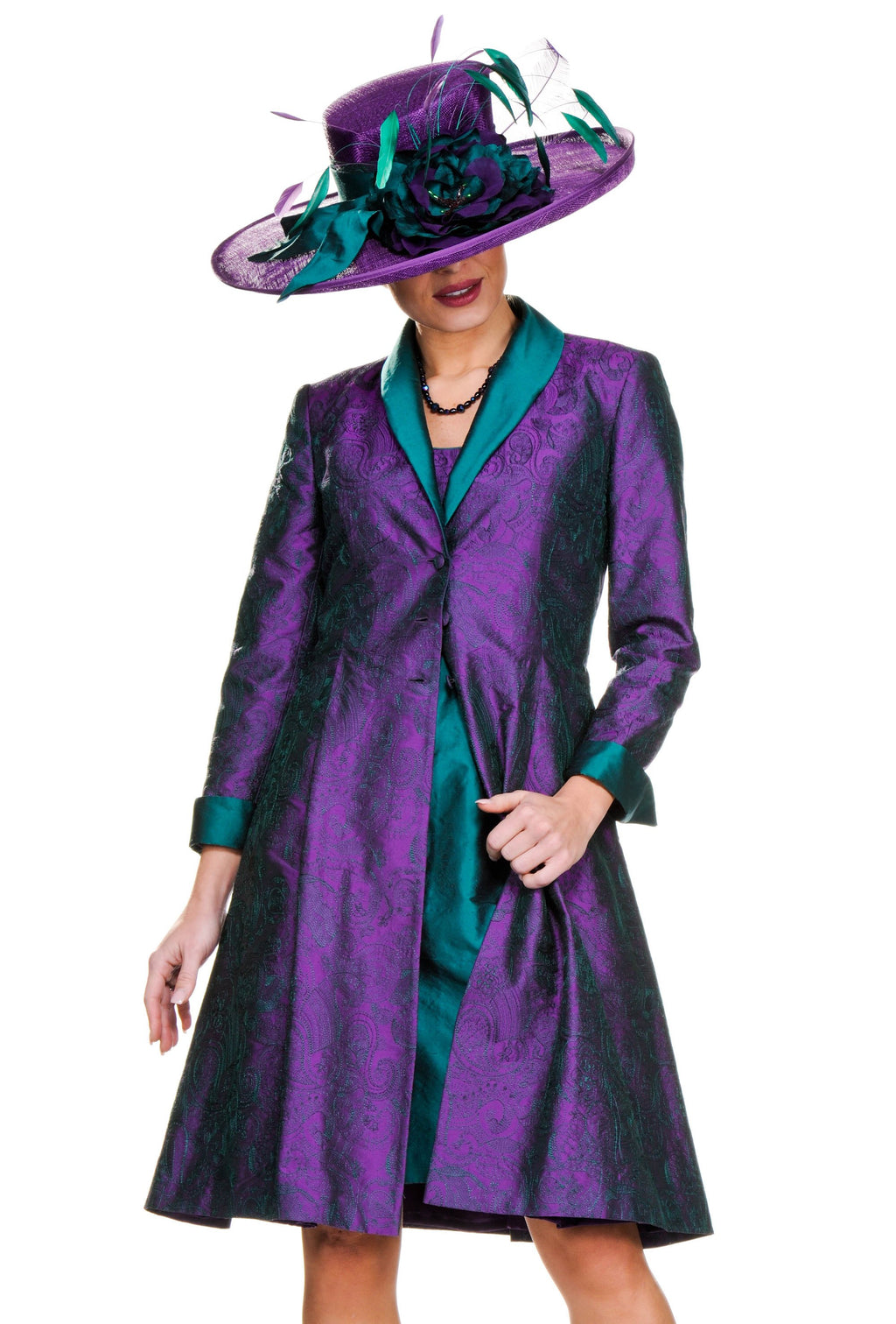 Edgy Purple and Green Contrast Dress with Matching Tailored Coat