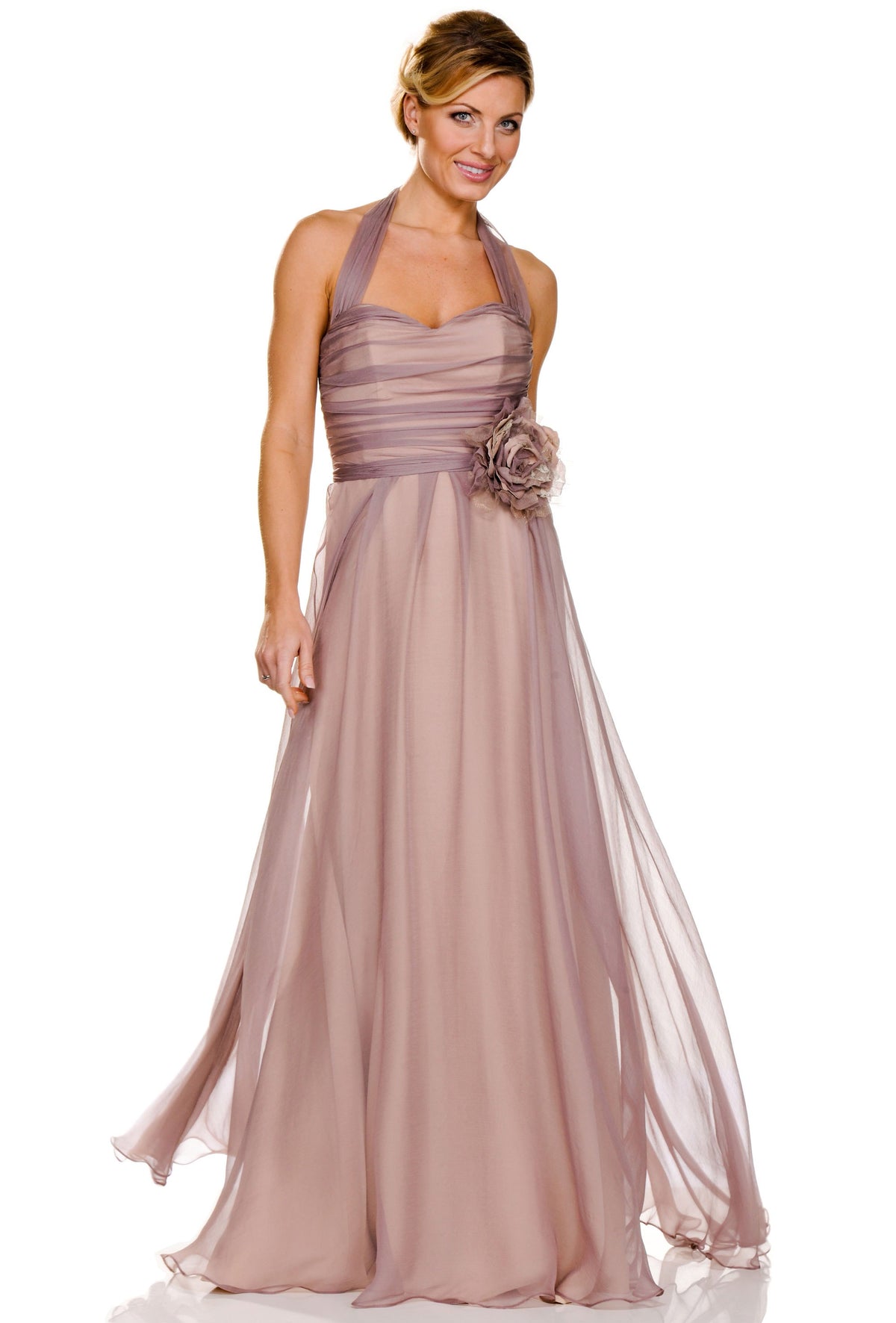 Occasion Wear - Blush Pink Elegant Organza Dress with Rose Waist Detail and Lace Shrug