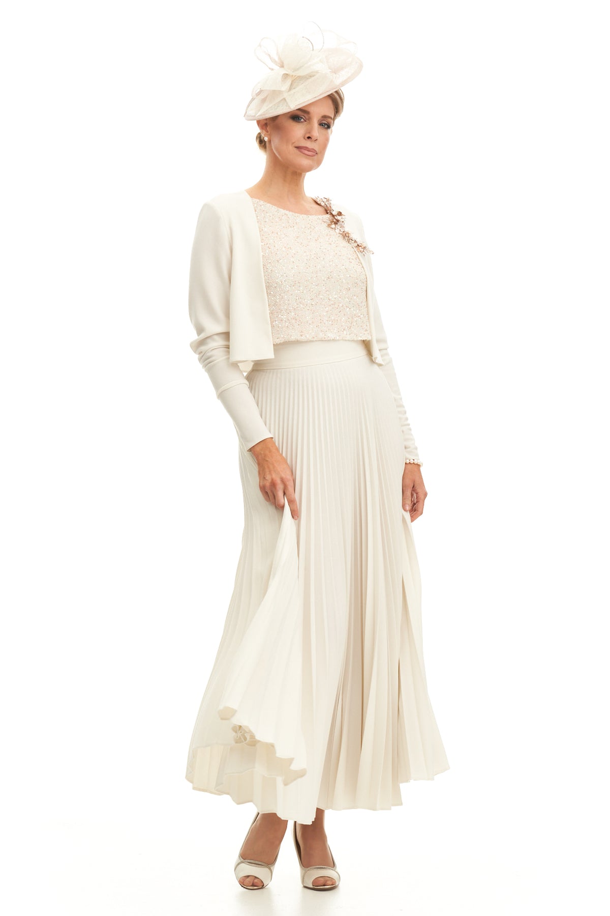 Crepe Pleated Skirt Crop Jacket and Beaded Top