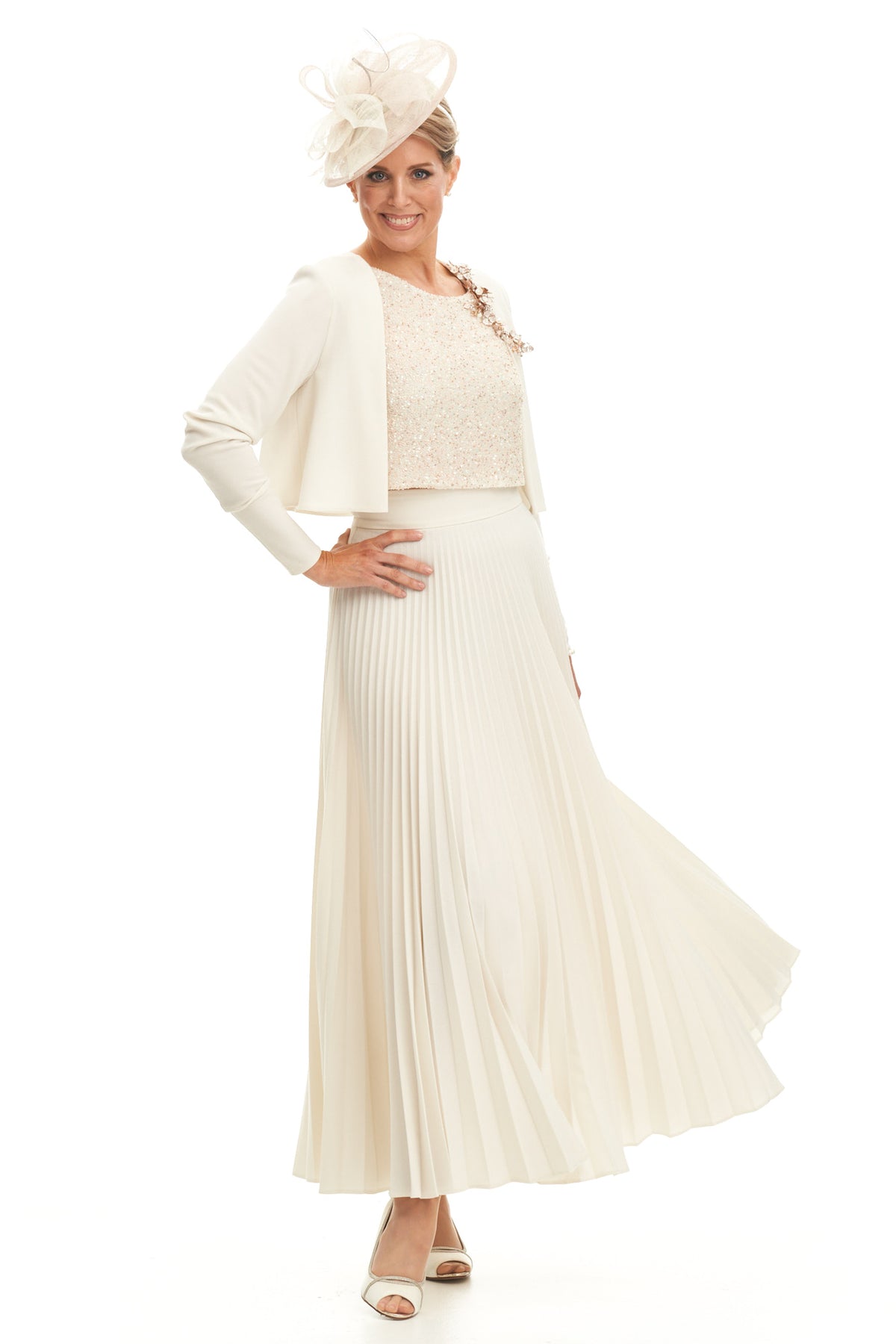 Occasion Wear - Crepe Pleated Skirt Crop Jacket and Beaded Top