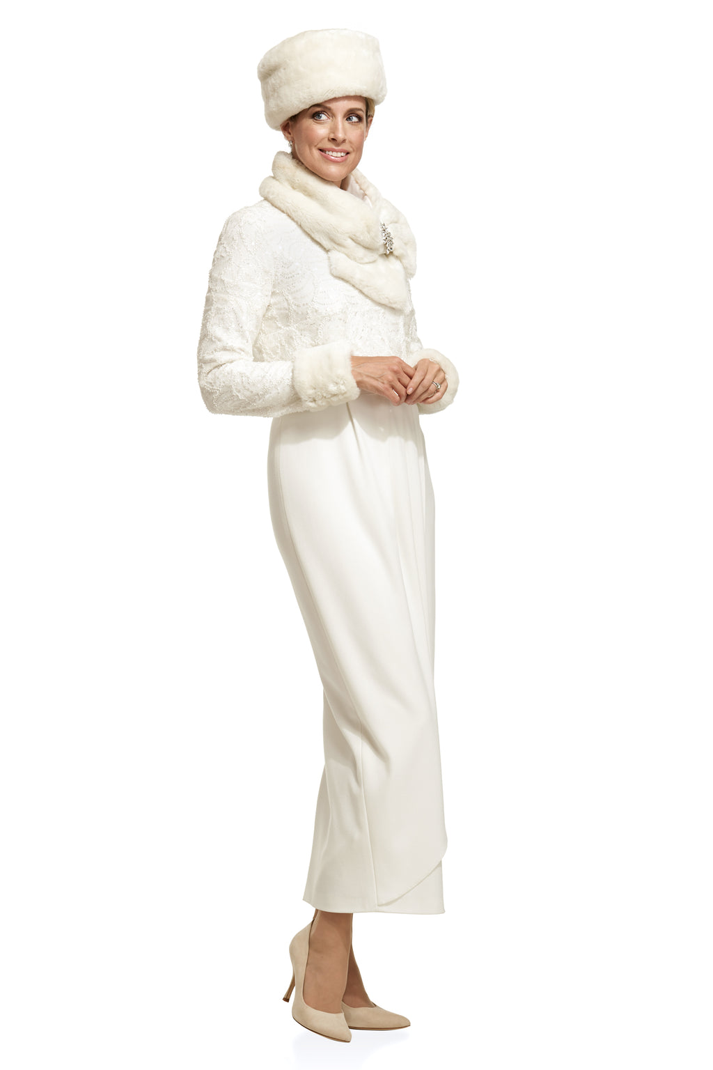 Occasion Wear - Crepe Tulip Dress with Detachable Fur Cuff and Scarf