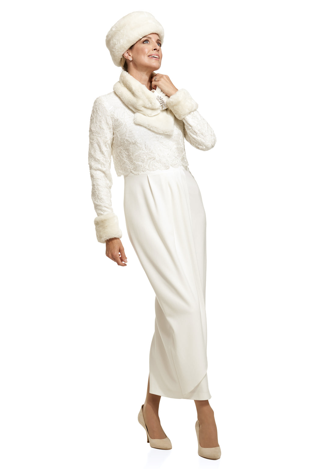 Occasion Wear - Crepe Tulip Dress with Detachable Fur Cuff and Scarf