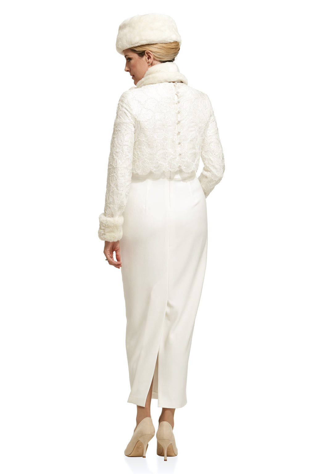 Occasion Wear - Crepe Tulip Dress with Detachable Fur Cuff and Scarf