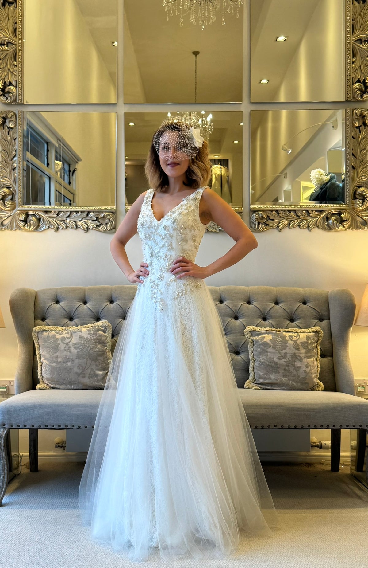 SALE - Sleeveless V-Neck Tulle Wedding Gown with Lace