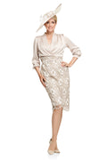 Draped Satin Blouson Dress with Guipure Skirt