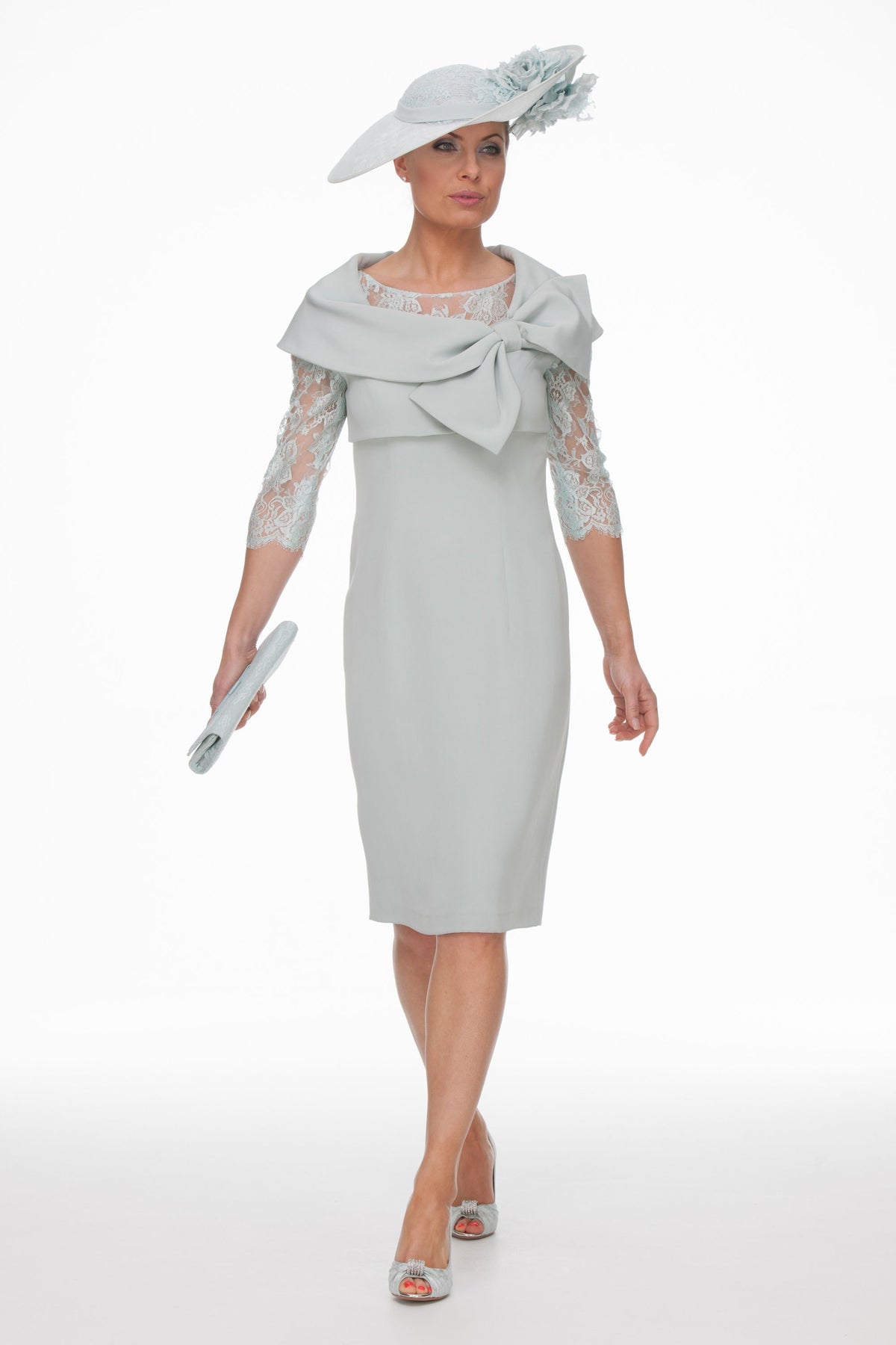 Occasion Wear - Duck Egg Lace Dress with Bow Jacket
