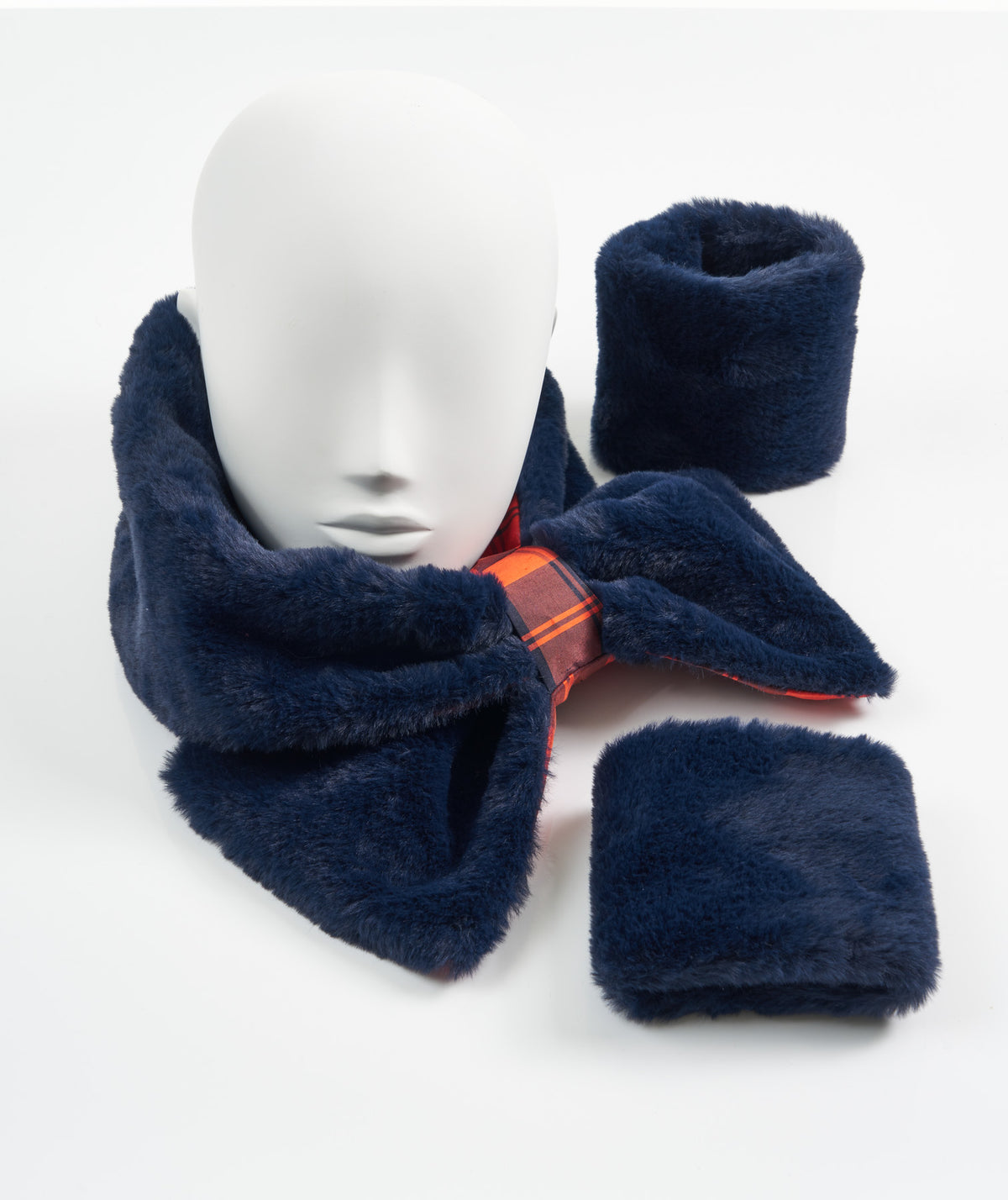 Navy Faux Fur with Silk Tartan Collar and Cuffs