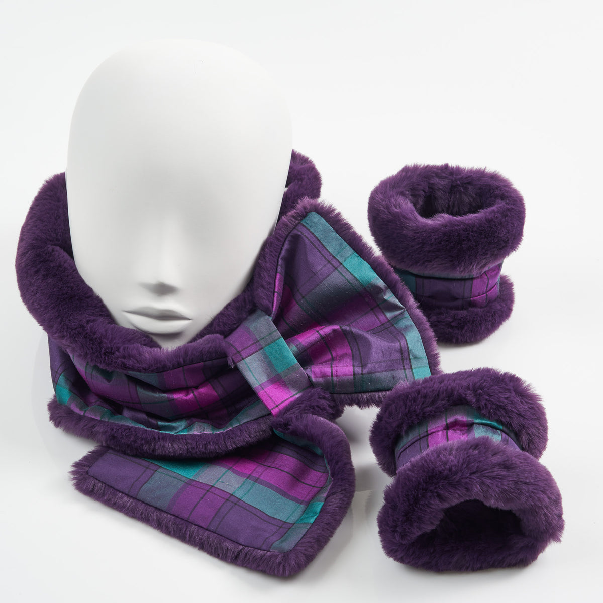 Collar and Cuffs - Purple Faux Fur with ByStorm Silk Tartan
