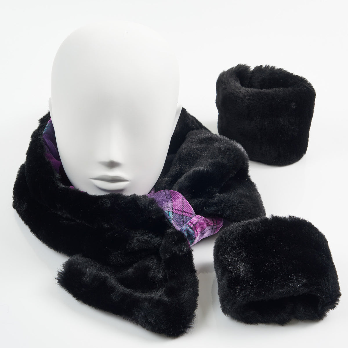 Black Faux Fur with ByStorm Velvet Tartan Collar and Cuffs