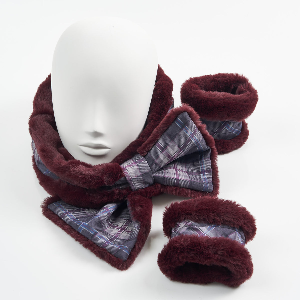 Burgundy Faux Fur with Islay Mist Tartan Collar and Cuffs