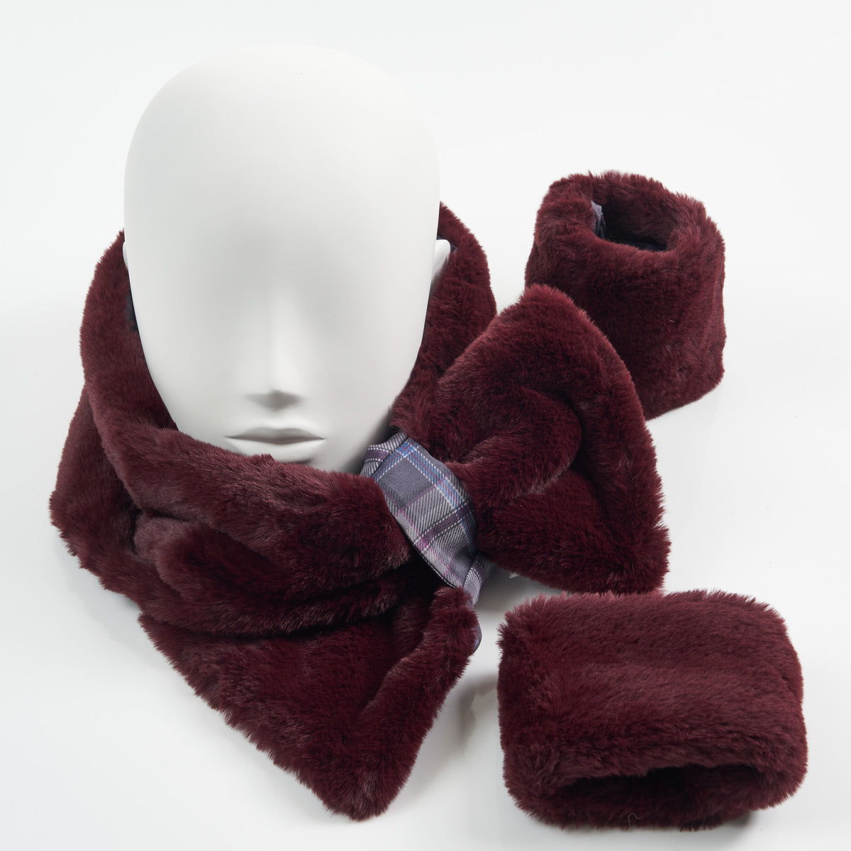 Collars and Cuffs - Burgundy Faux Fur with Islay Mist Tartan