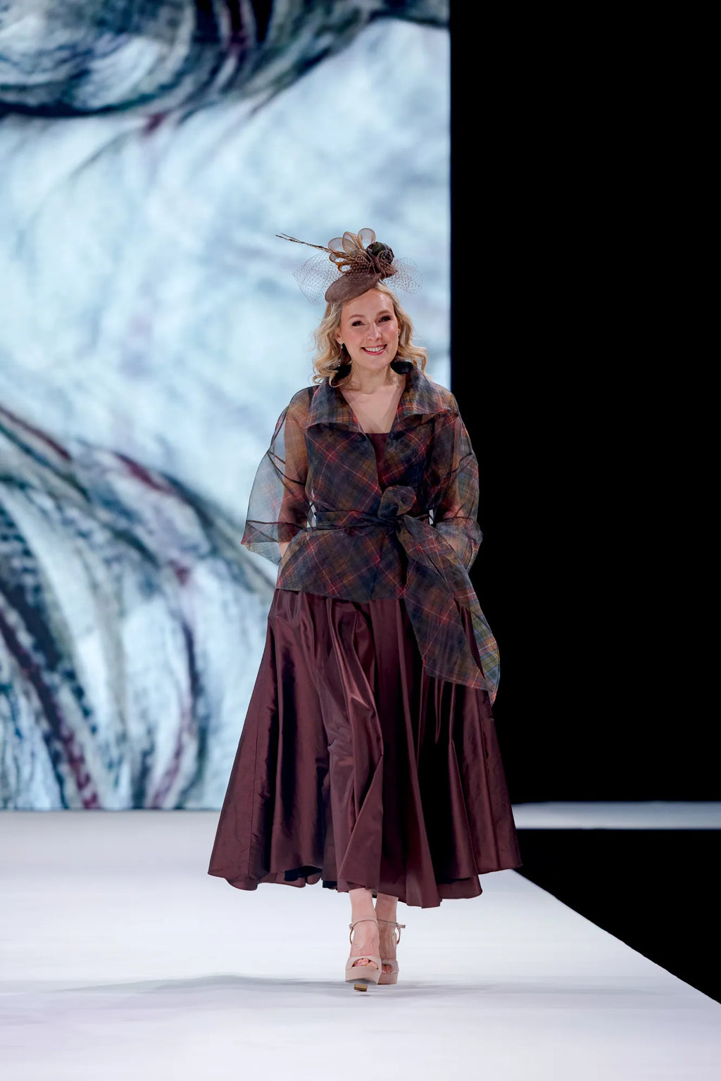 Silk taffeta circular skirt dress with kimono style tartan organza jacket