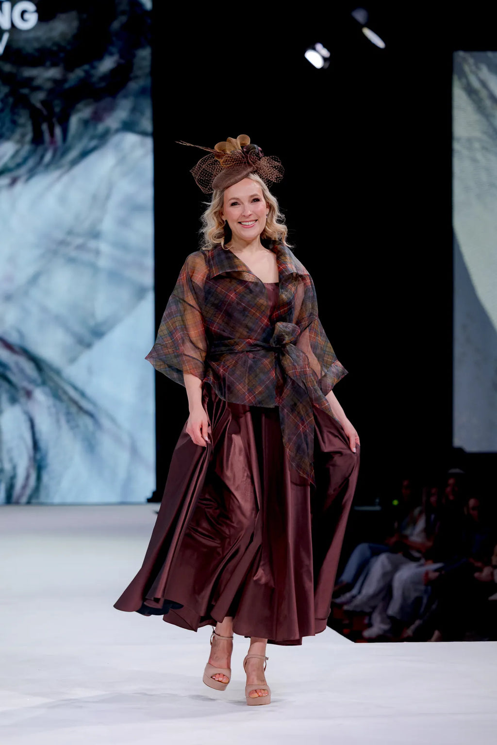Silk taffeta circular skirt dress with kimono style tartan organza jacket