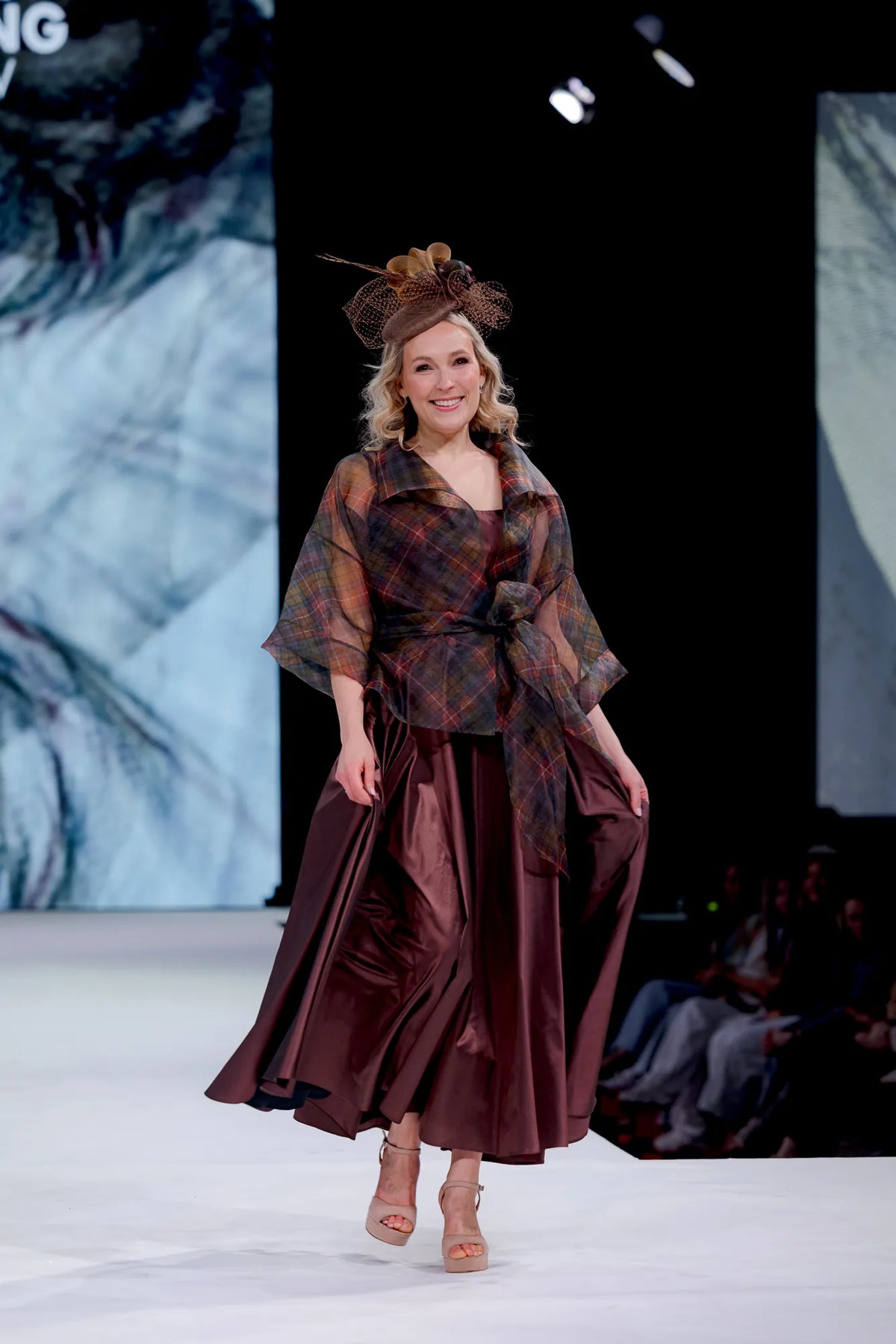 Silk taffeta circular skirt dress with kimono style tartan organza jacket