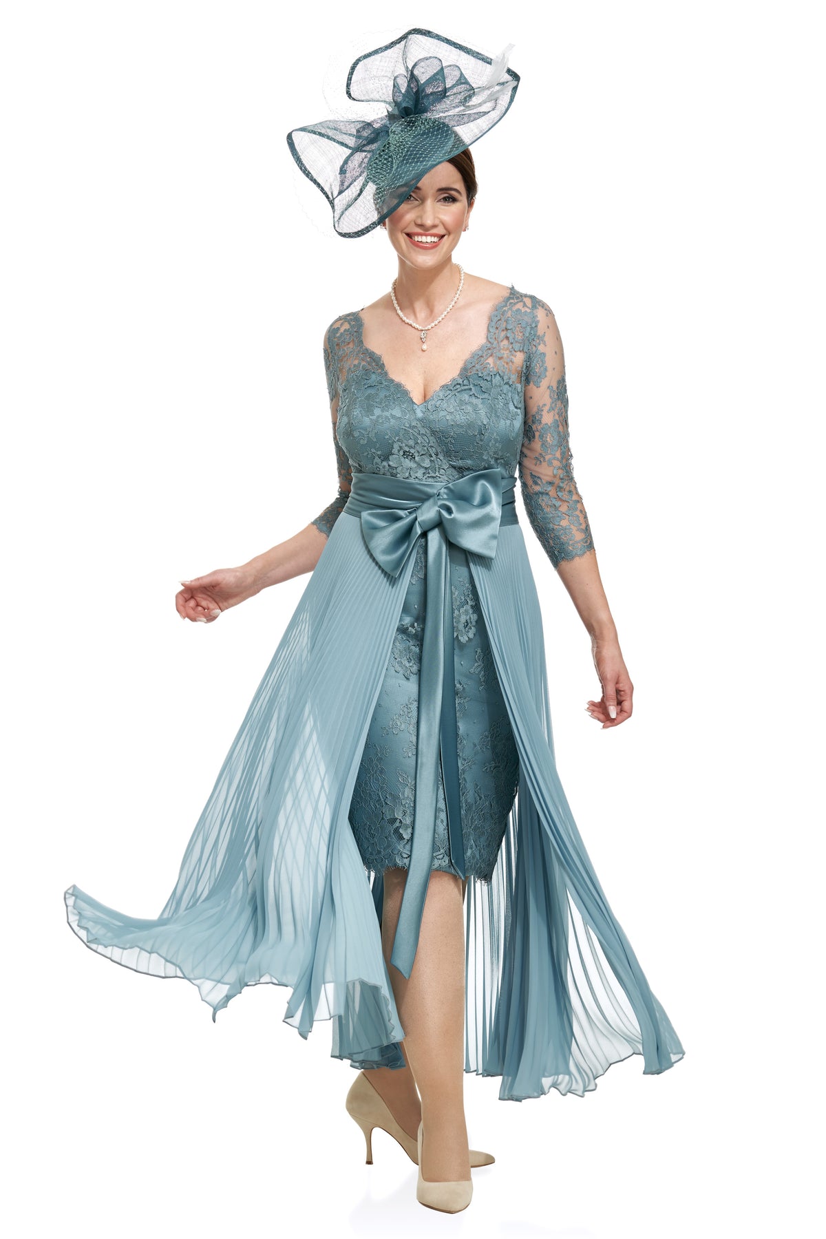 French Lace Dress with Detachable Pleated Chiffon Overskirt