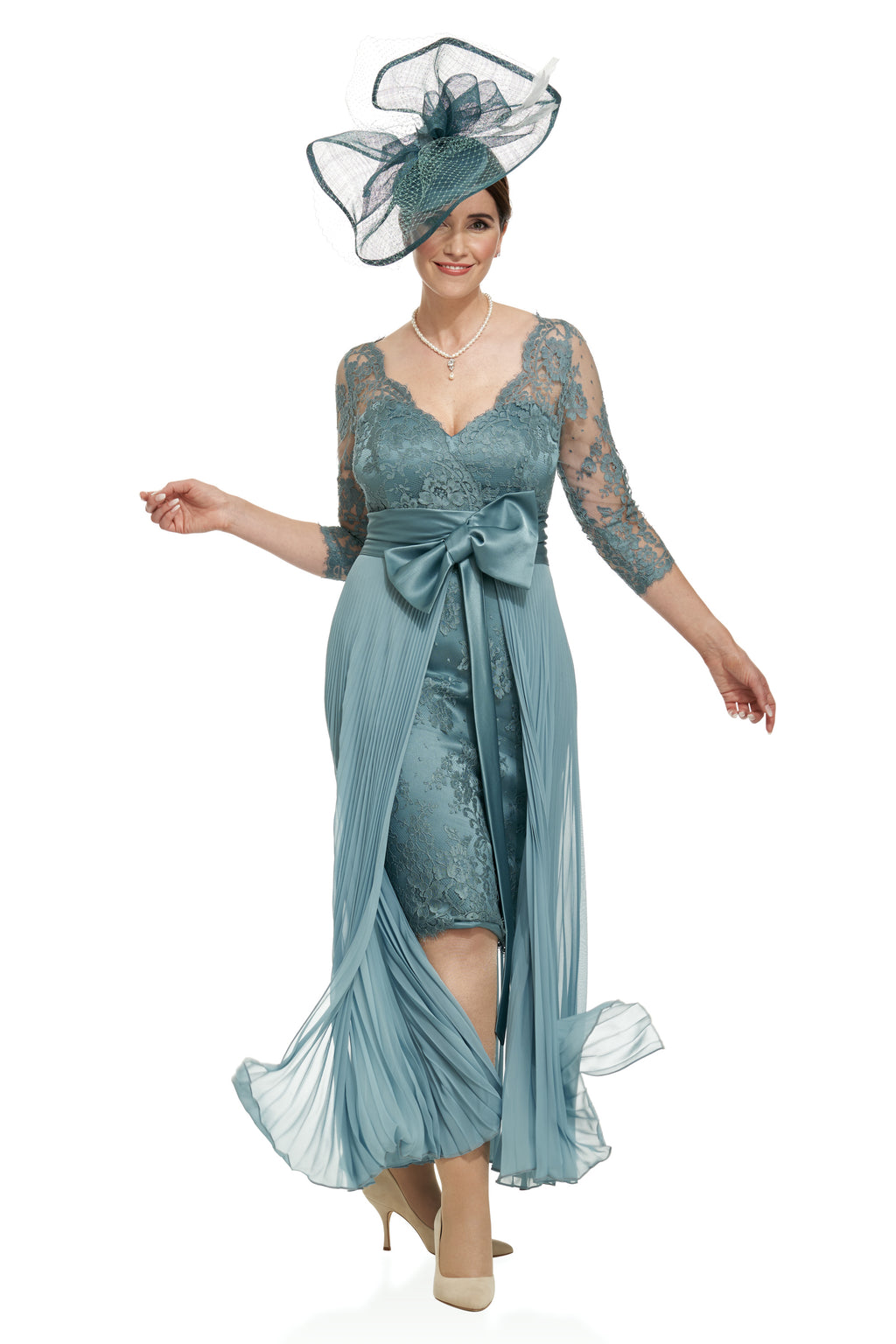 Occasion Wear - French Lace Dress with Detachable Pleated Chiffon Overskirt