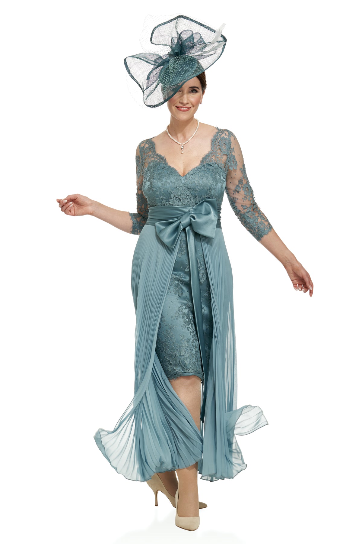 Occasion Wear - French Lace Dress with Detachable Pleated Chiffon Overskirt