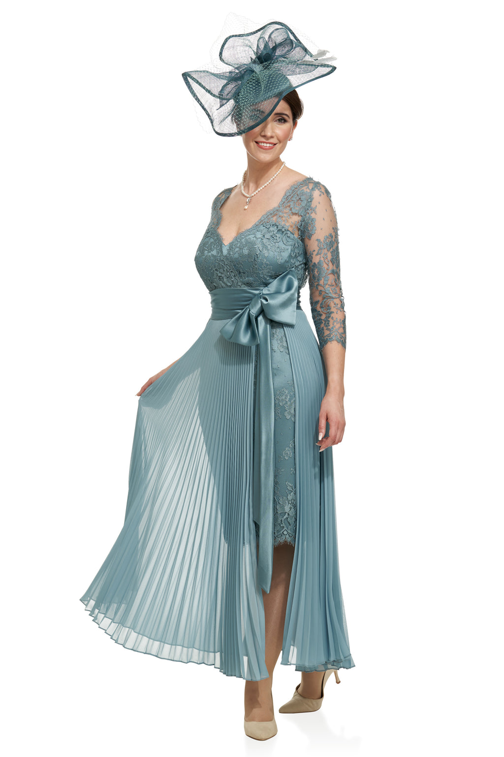 Occasion Wear - French Lace Dress with Detachable Pleated Chiffon Overskirt