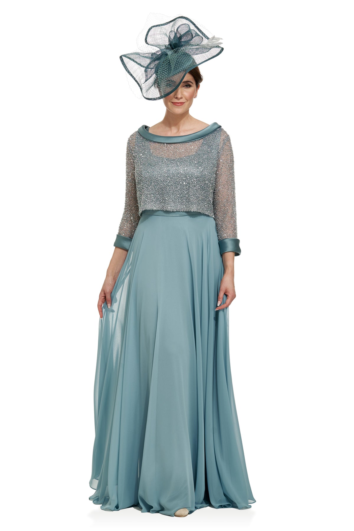 Occasion Wear - Full-Length Chiffon Dress with Beaded Top