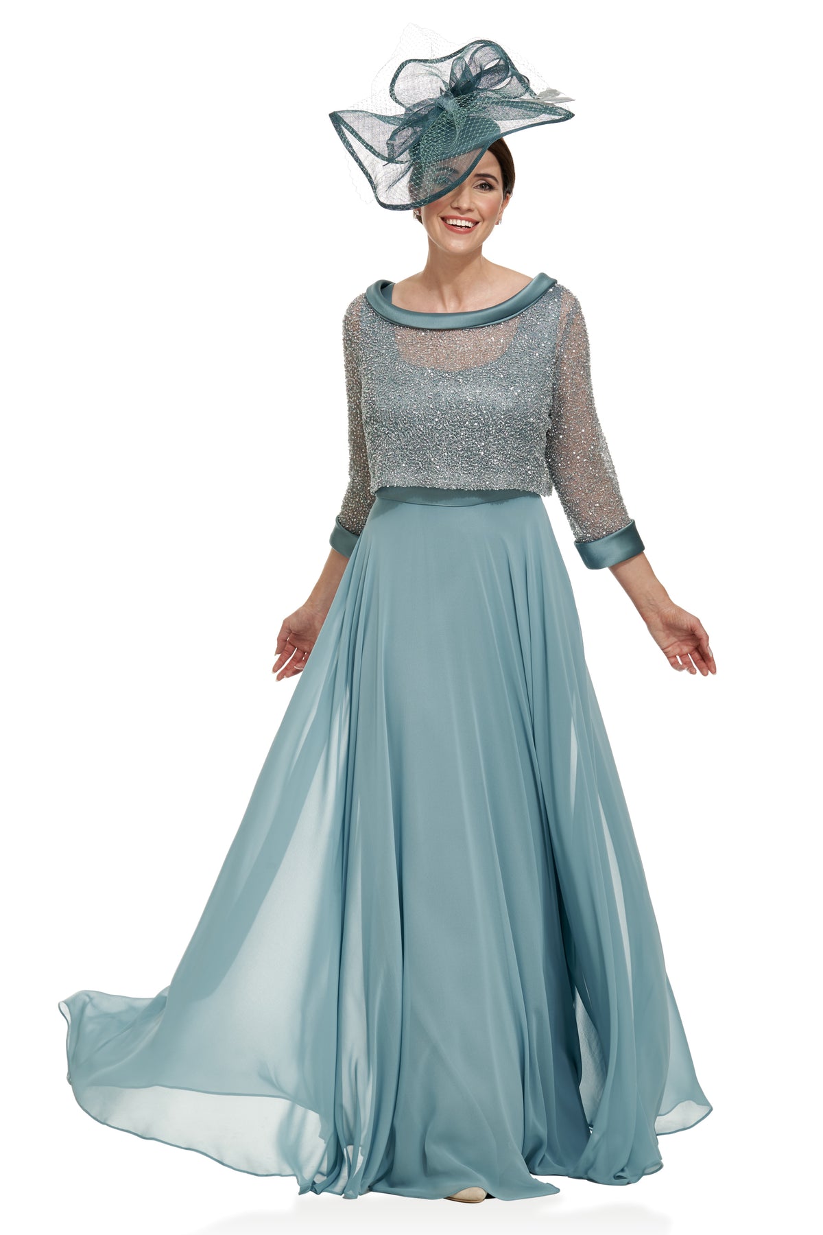 Occasion Wear - Full-Length Chiffon Dress with Beaded Top