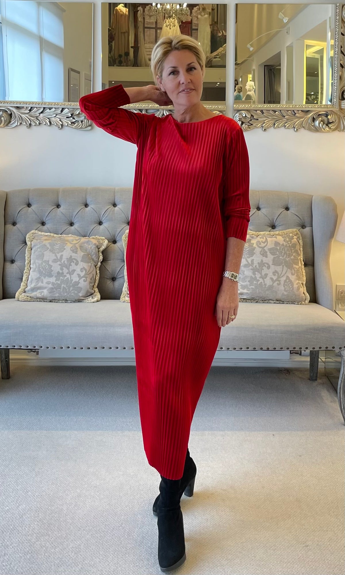 Red Pleated Velvet Dress