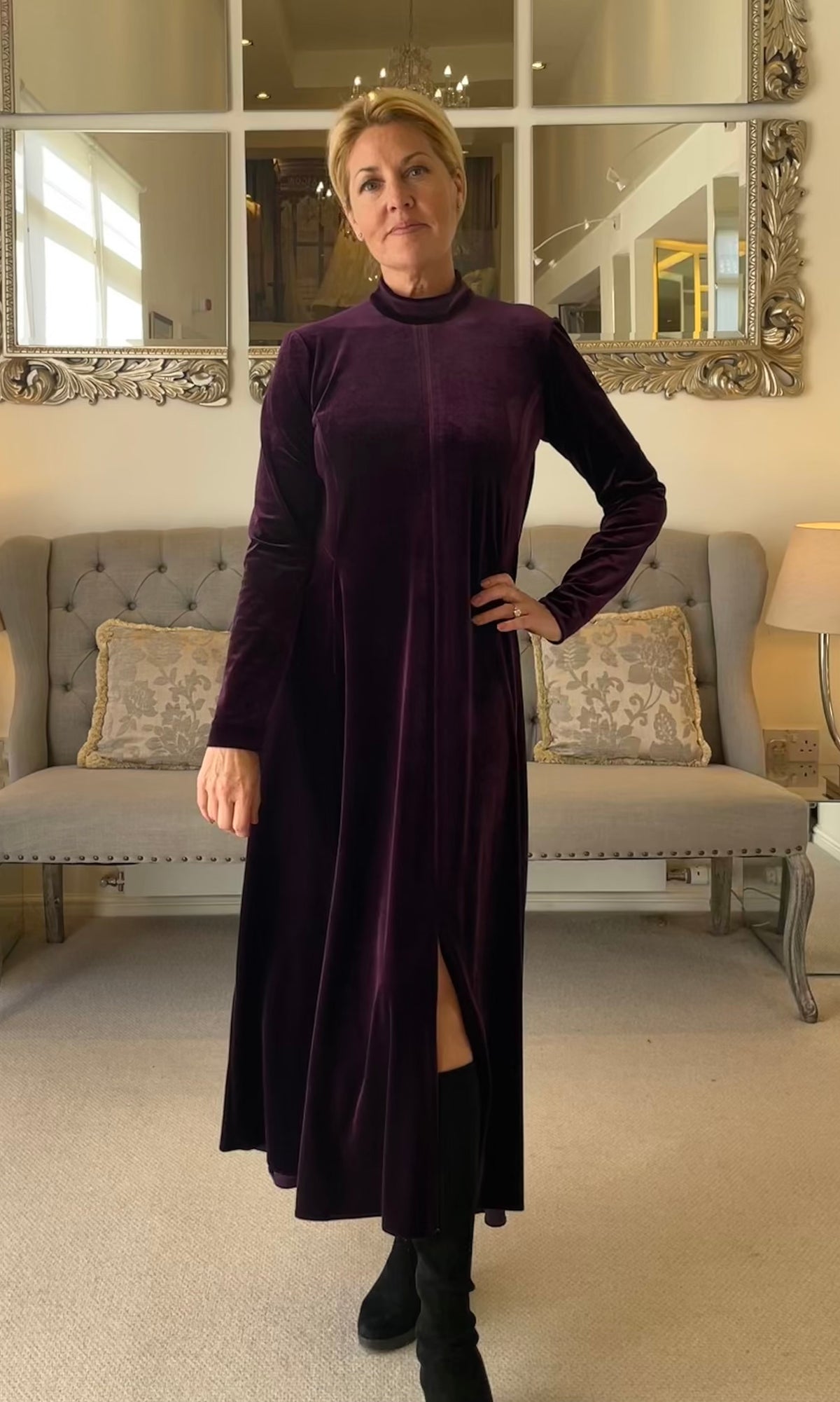 Purple Velvet Dress with Front Slit