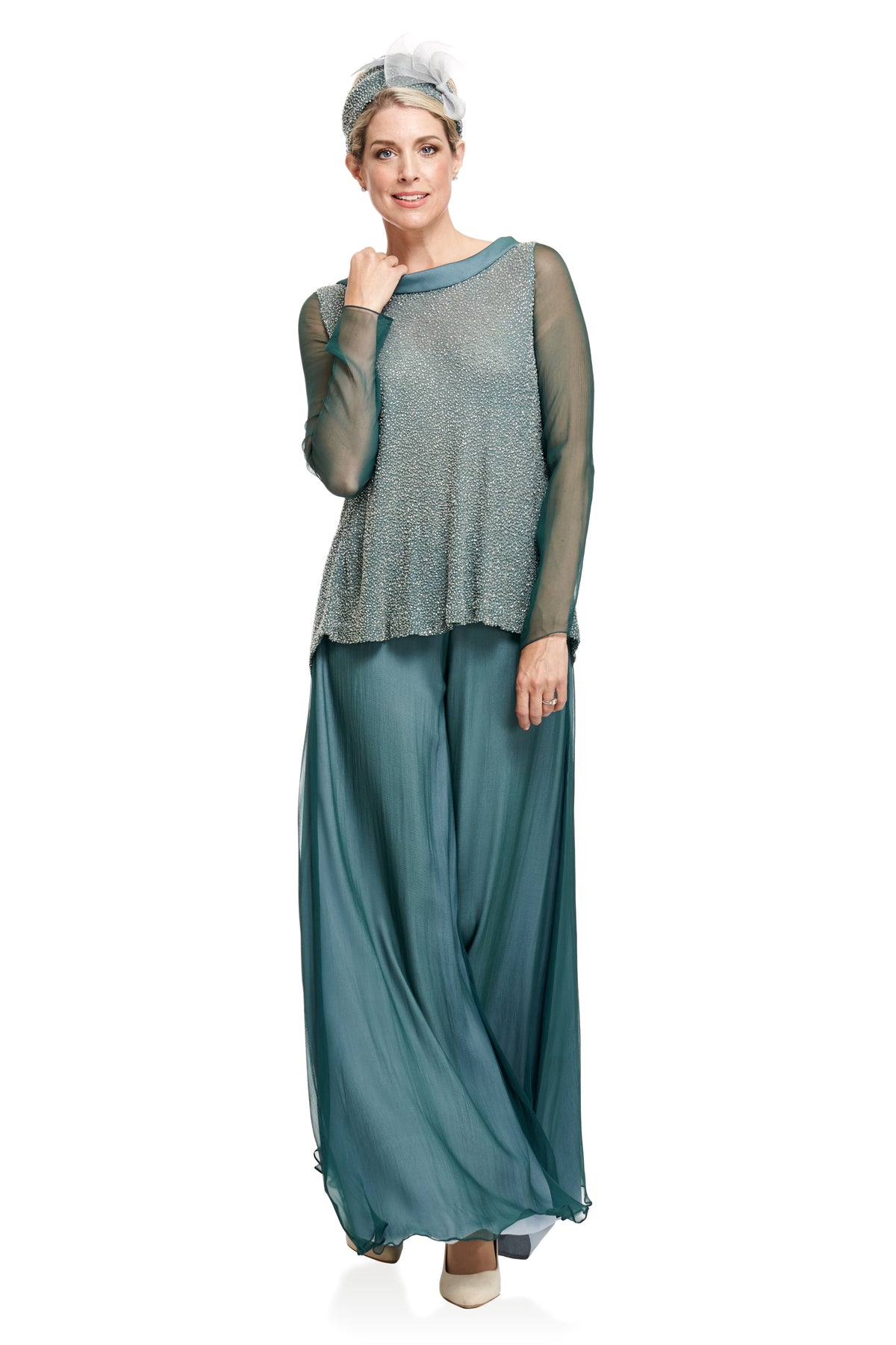Occasion Wear - Georgette Beaded Silk Tunic and Palazzo Pants