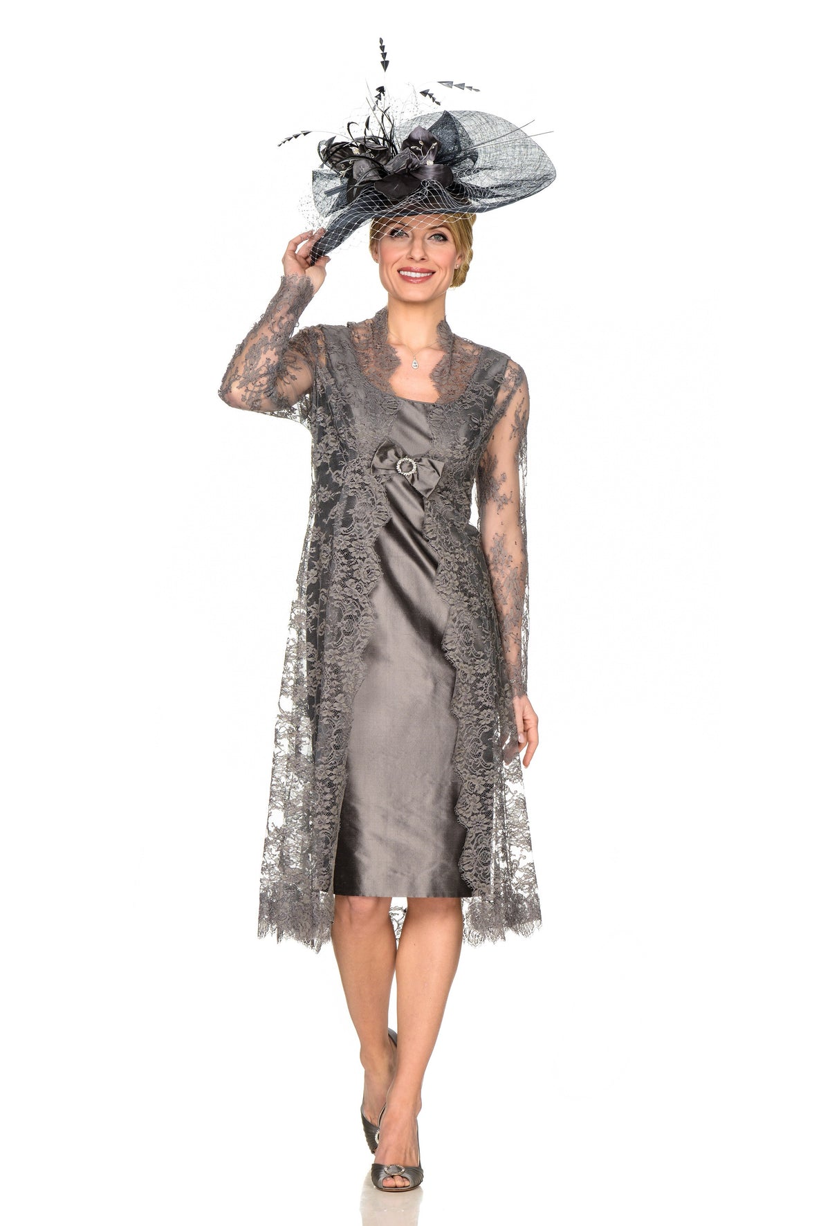 Grey Lace Coat and Silk Dress