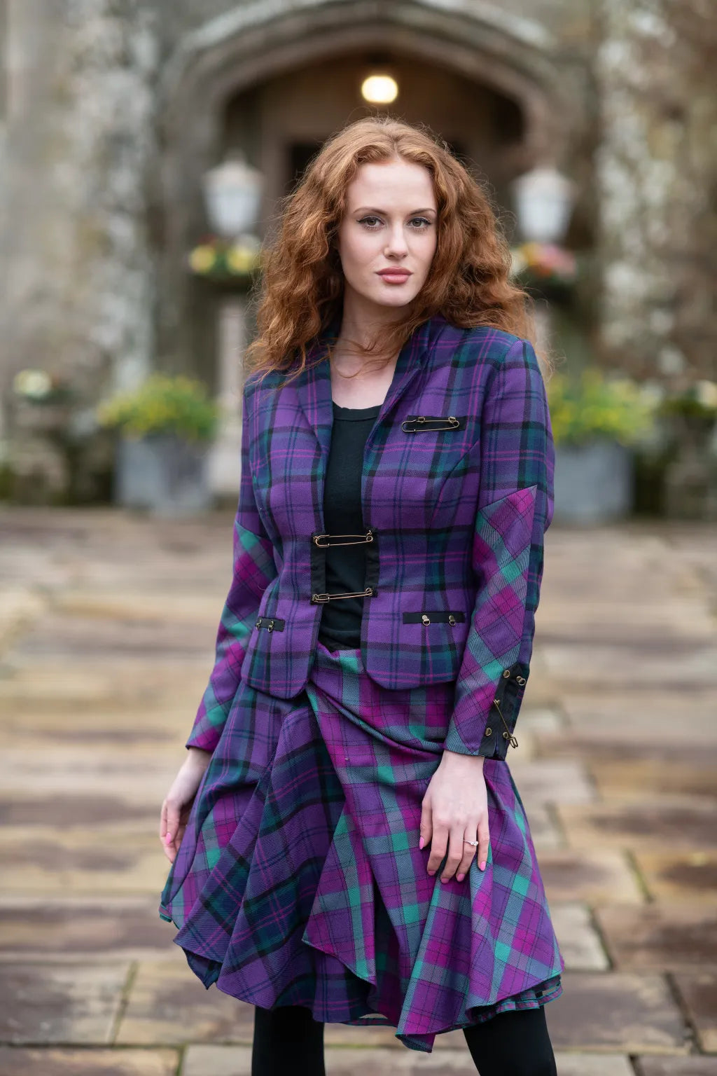 Tartan Jacket with Bronze Kiltpin Fastening and Crazy Skirt