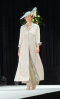 Long side slit silk coat with tartan trim and tonings trousers