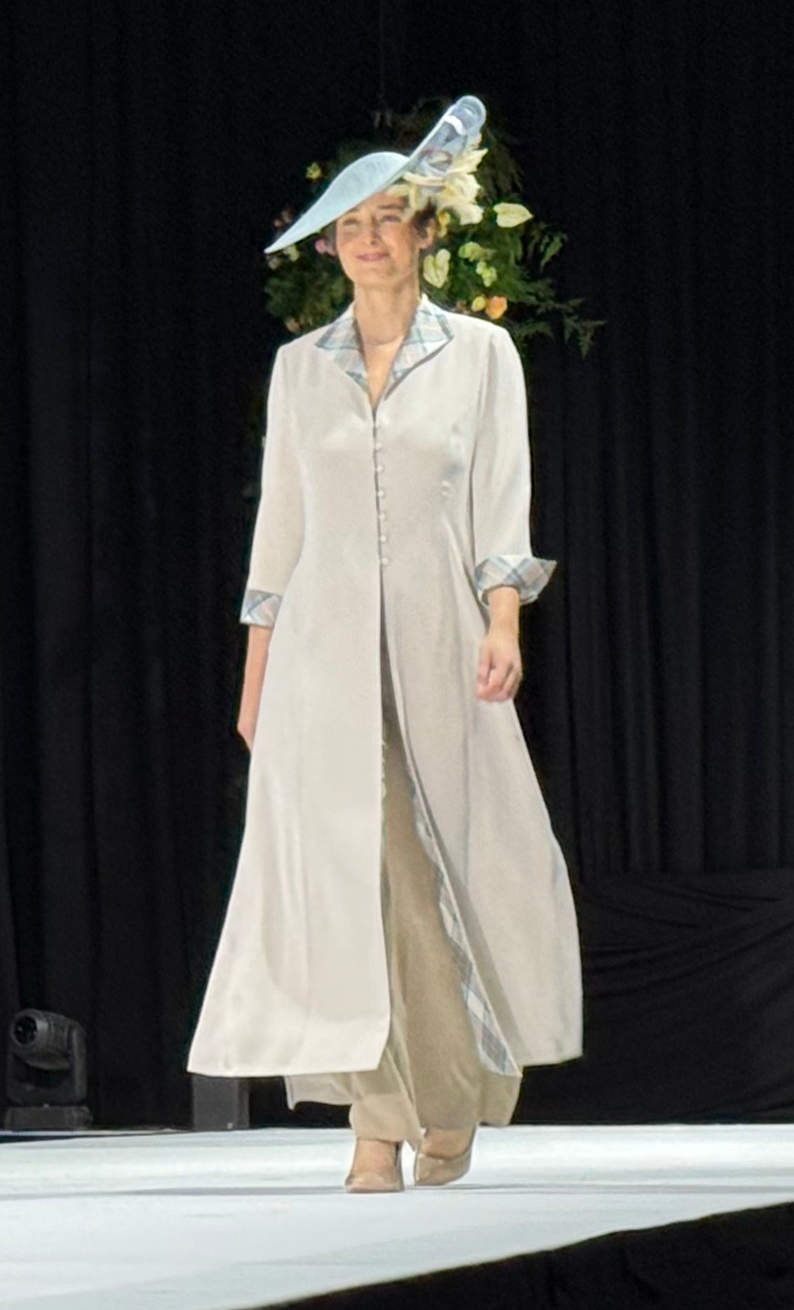 Long side slit silk coat with tartan trim and tonings trousers