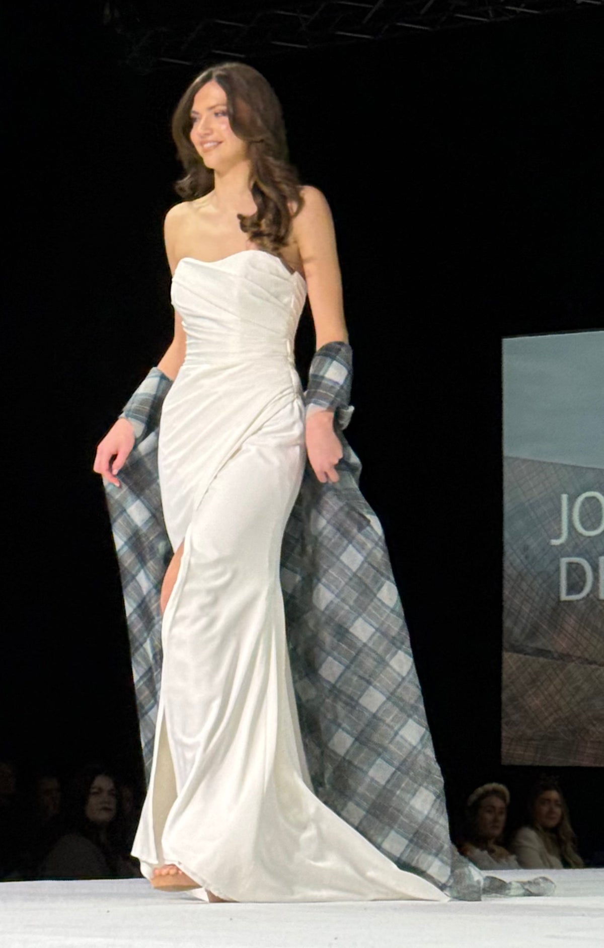 Tartan organza off the shoulder cape over draped wedding dress