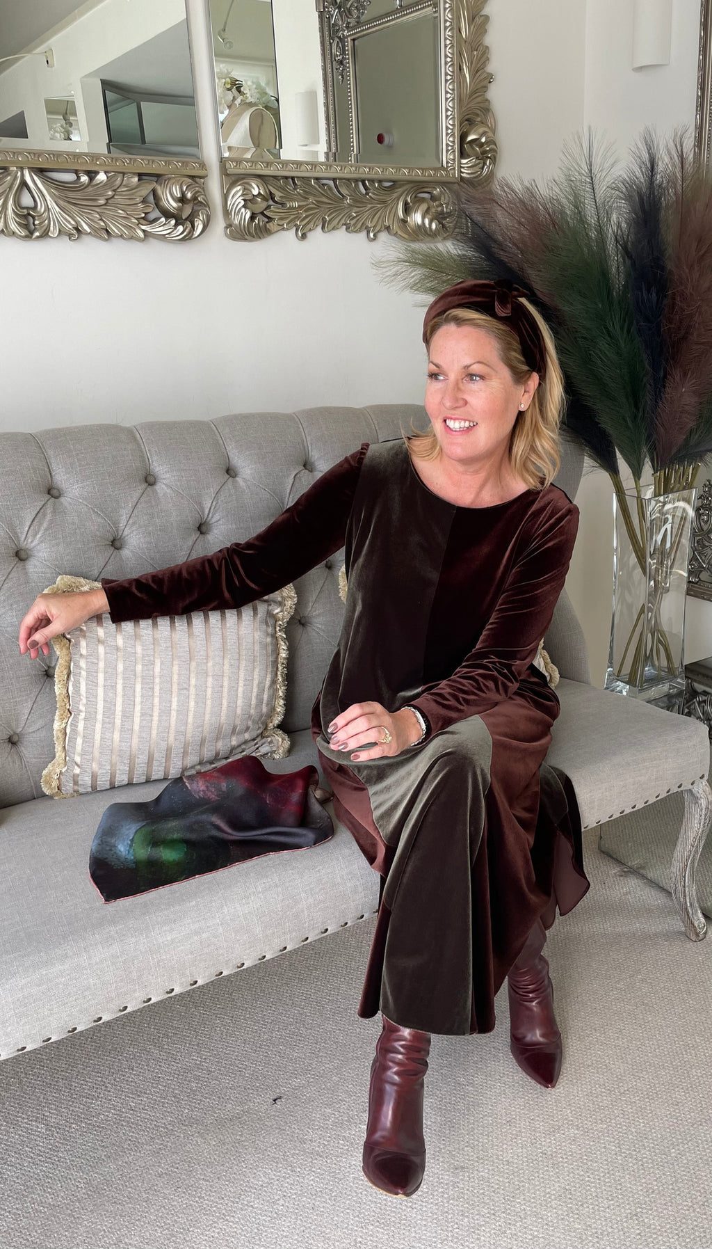 Casual Chic - Block Velvet Dress in Chocolate and Olive