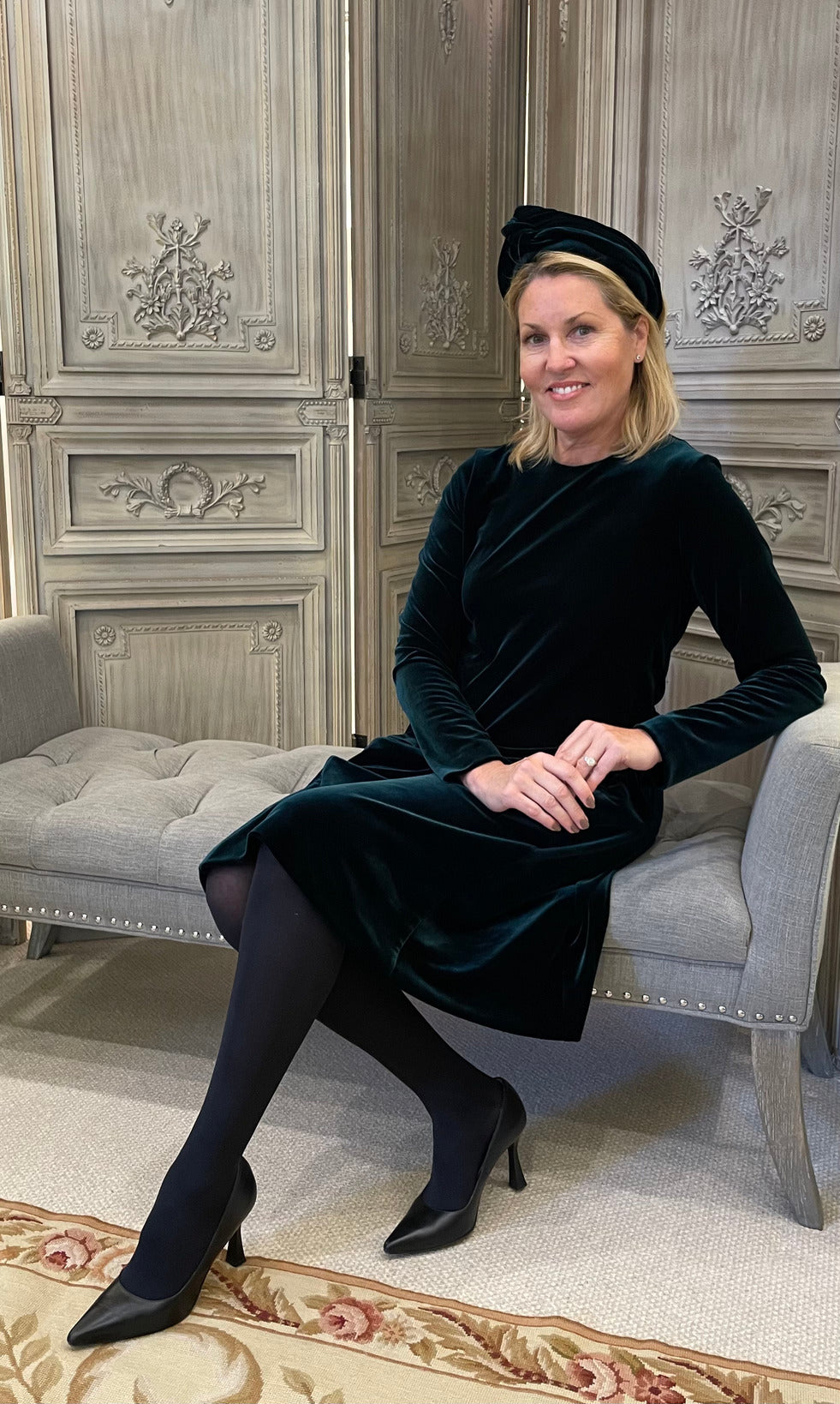 Short Velvet Dress with Pockets in Hunter Green