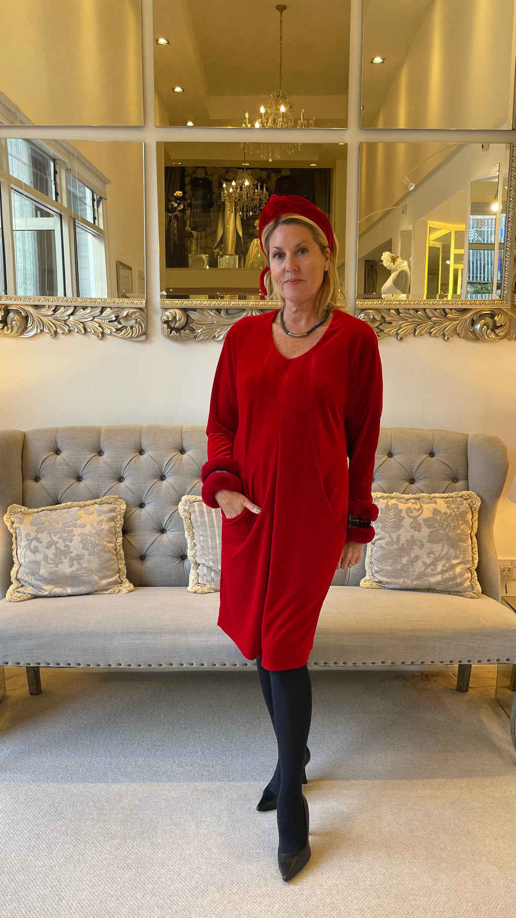 Velvet Dolman Sleeve V Neck Dress in Red