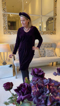 Velvet Dolman Sleeve V Neck Dress in Aubergine