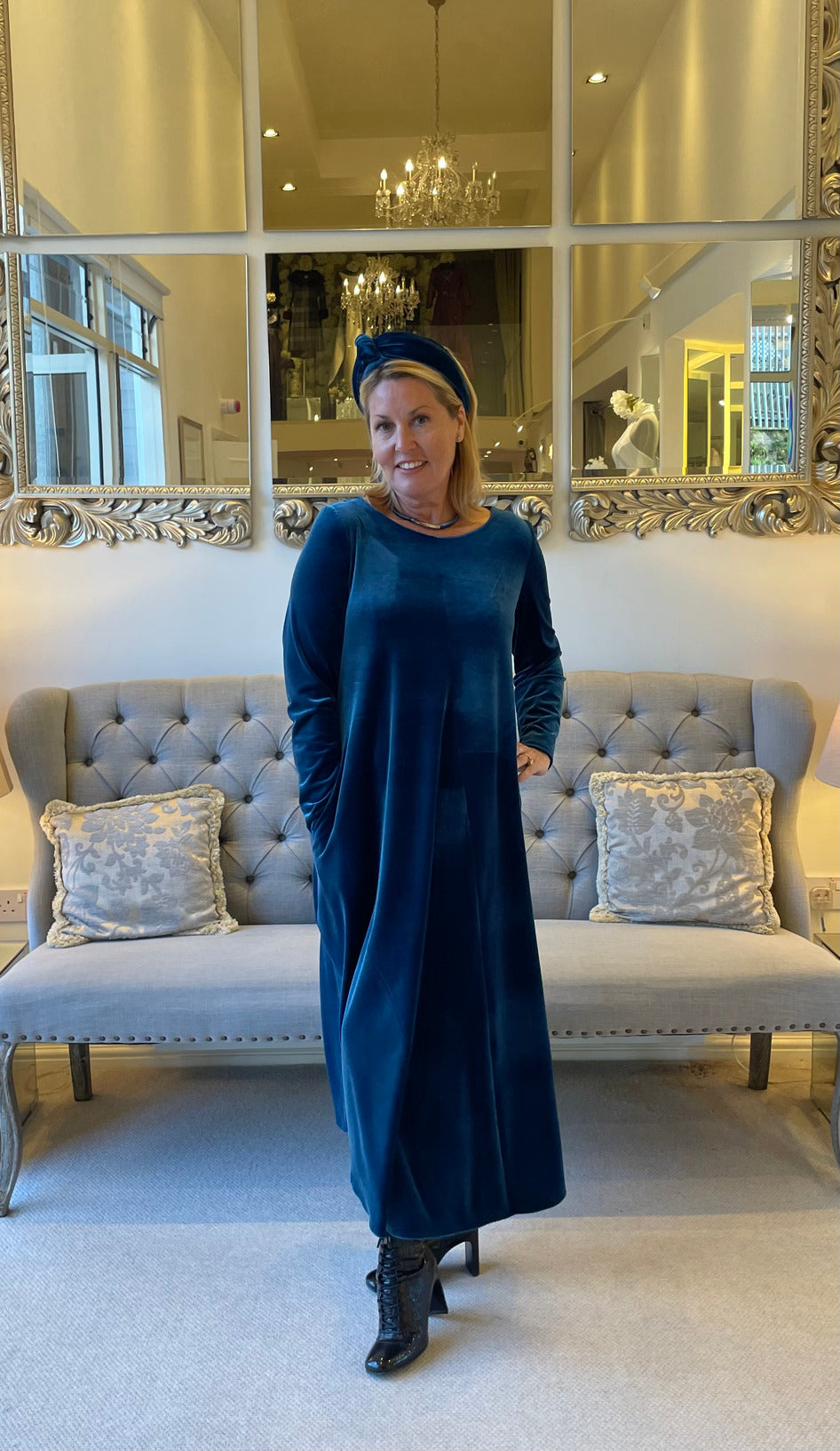Velvet Ankle length Dress in Ocean