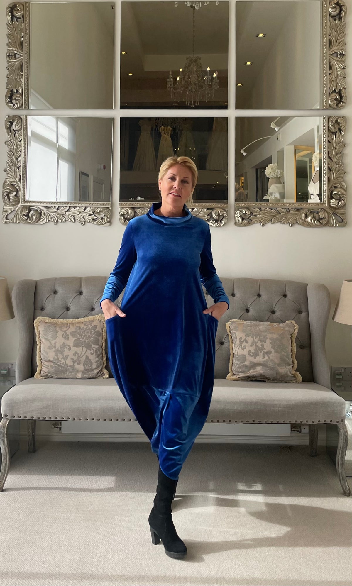 Relaxed Fit Tulip Dress in Brilliant Blue Velour