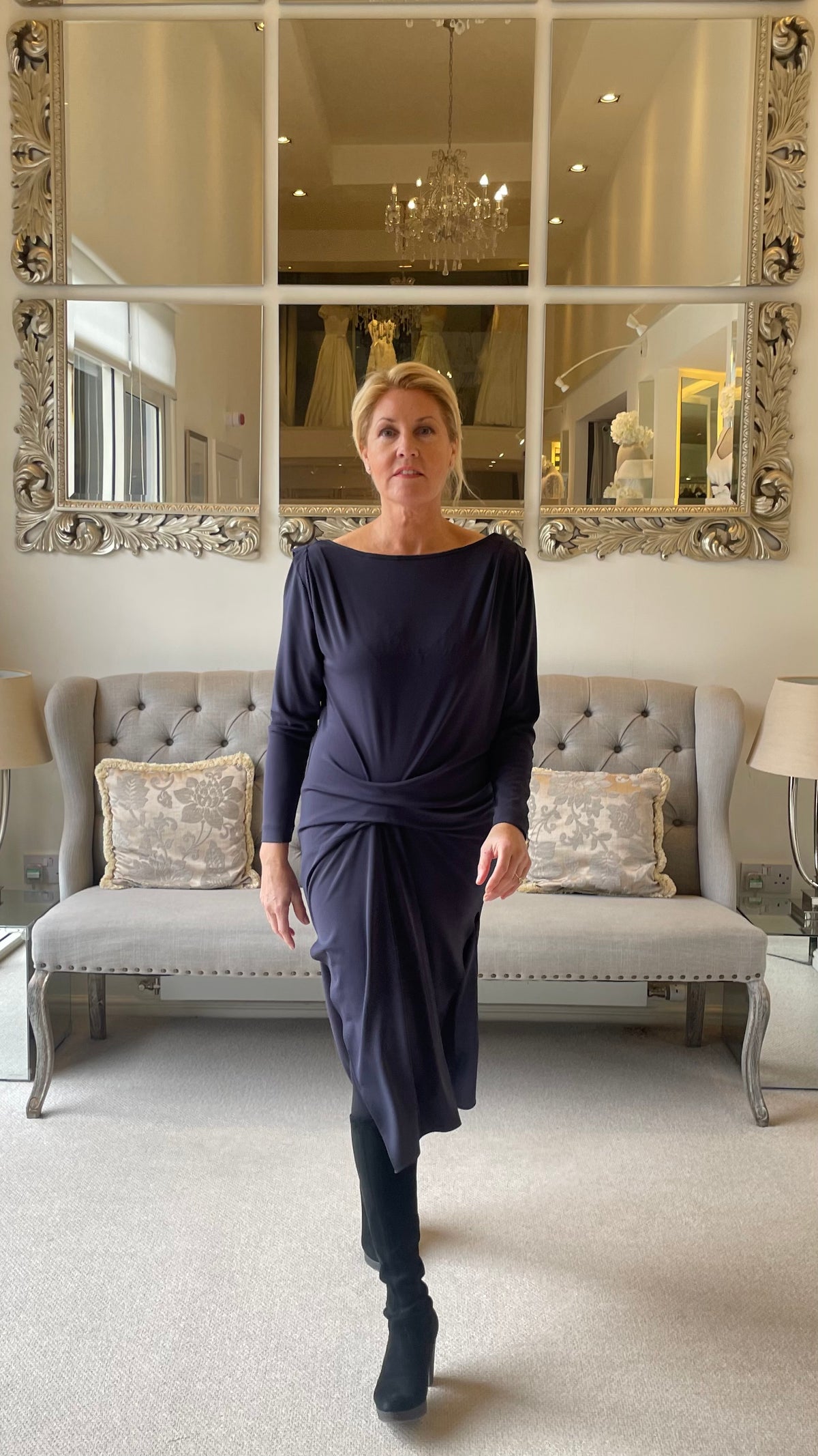 SALE - Anthracite Grey Long Sleeve Jersey Knit Dress with Ruching & Side Splits