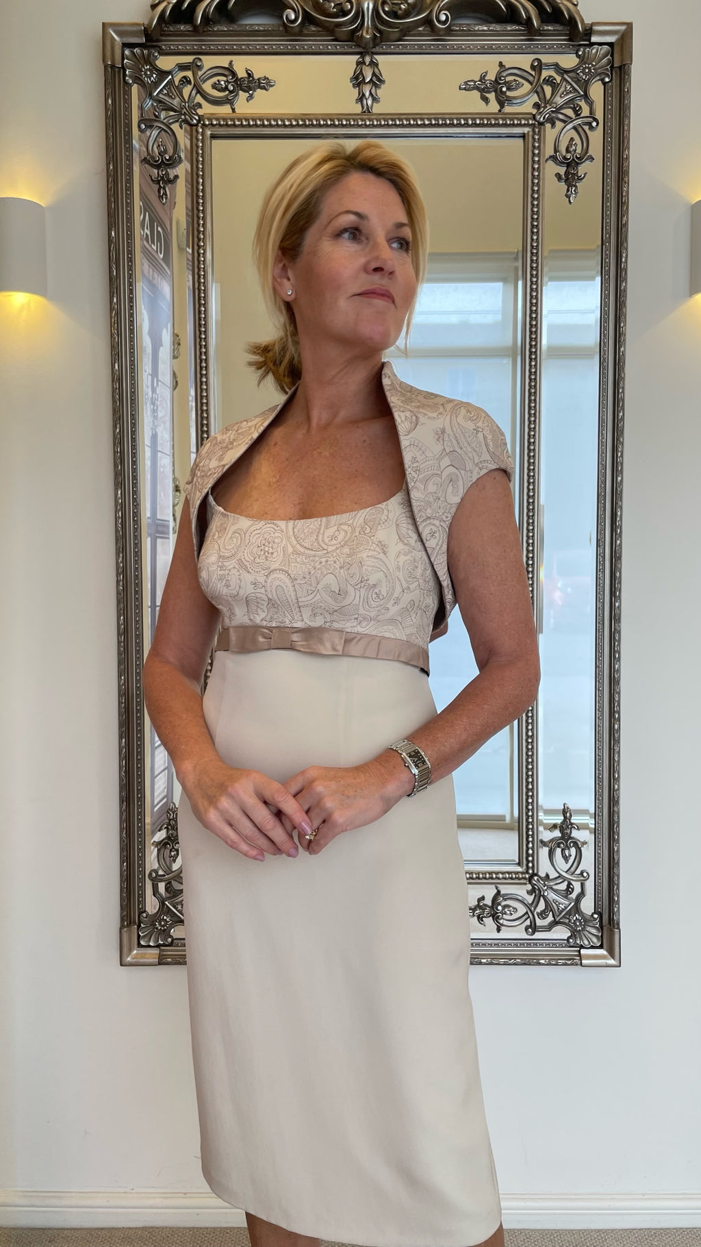 SALE - Embroidered Oyster Sandwash Silk Dress & Bolero Jacket