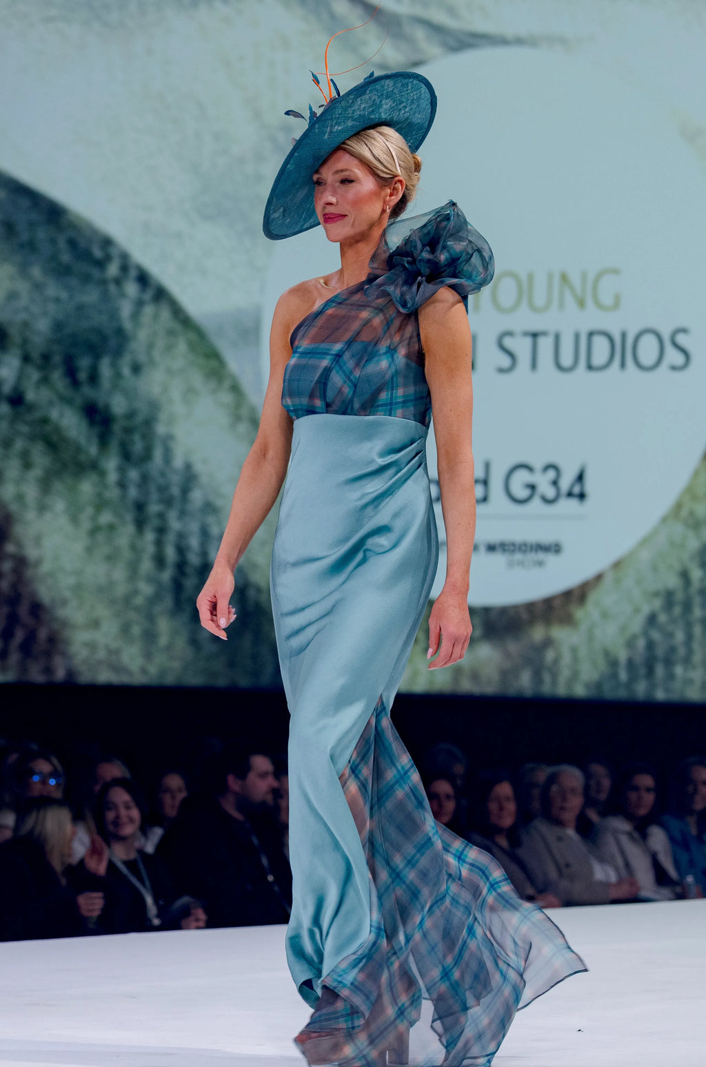 Empire line satin dress with Tartan Organza bodice and godet